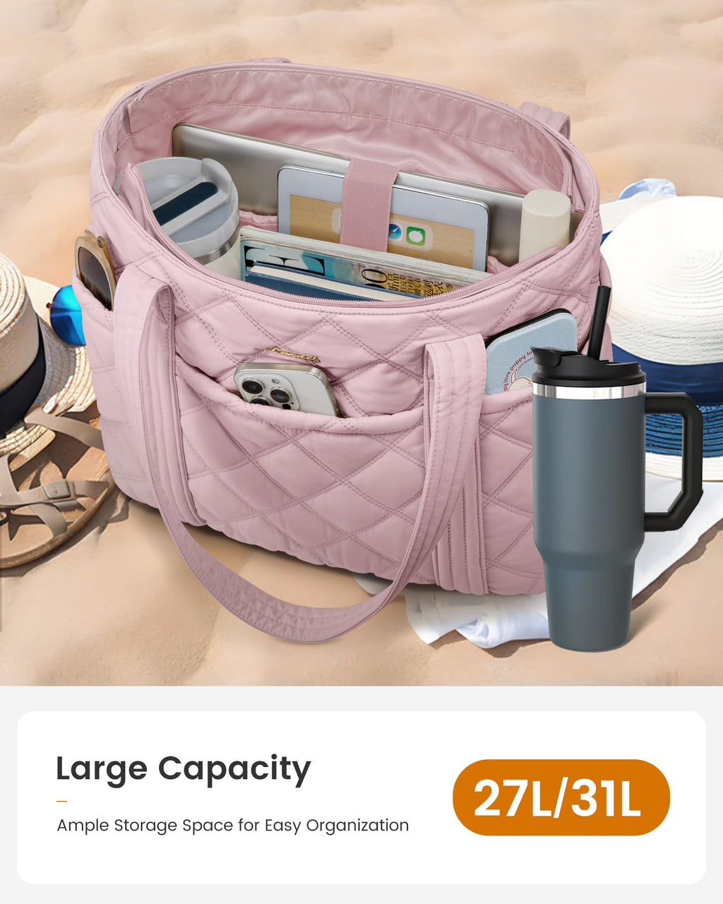 LOVEVOOK Puffer Tote Bag for Women, Puffy Work Handbag with Cup Holder, Travel Carry On Bag with Zipper for Teacher Nurse Gym