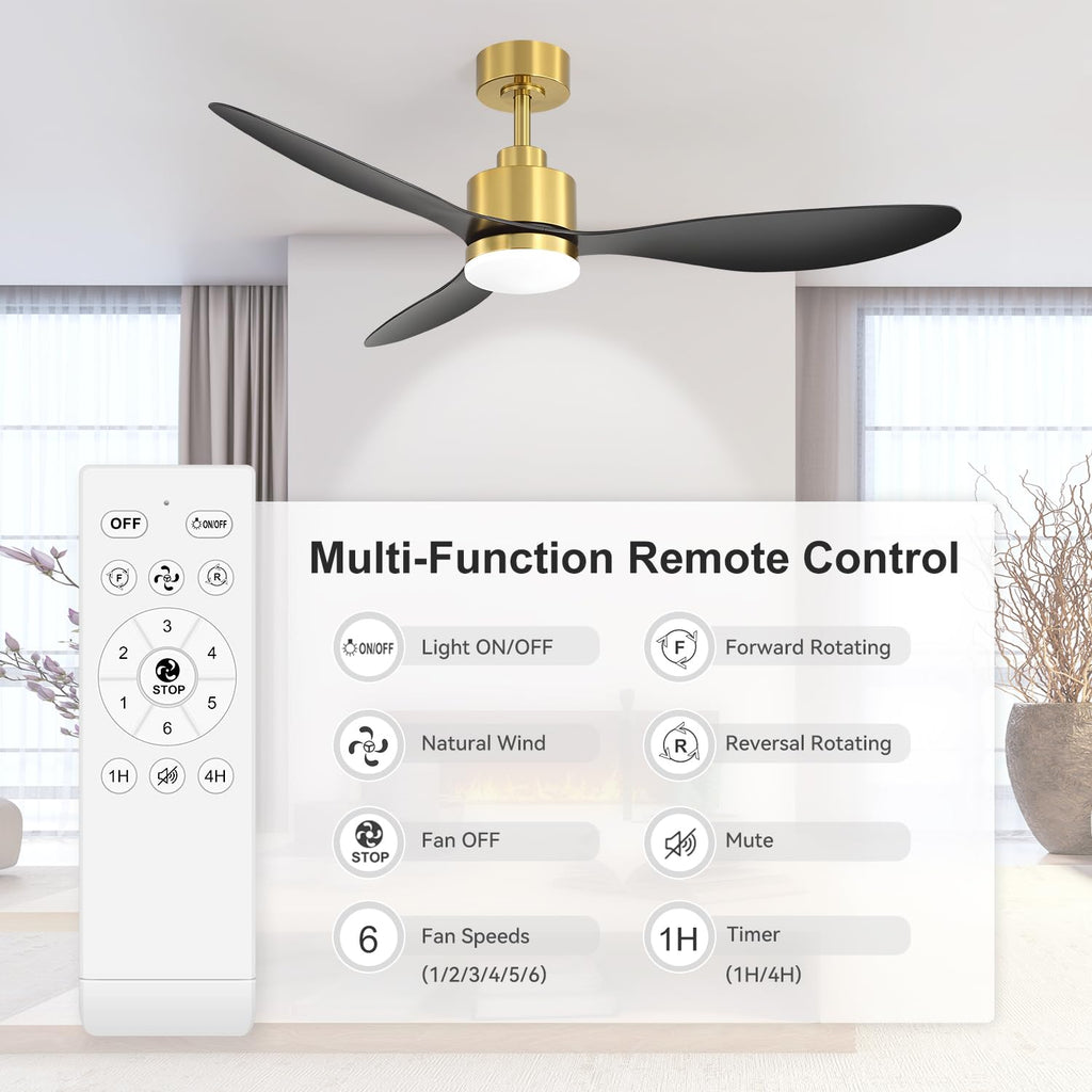52" Ceiling Fans with Lights and Remote, Quiet DC Motor, 3 Reversible Blades, 6-Speed, Modern Industrial Black Ceiling Fan with 3-Color LED Light Fandelier for Bedroom Living Room