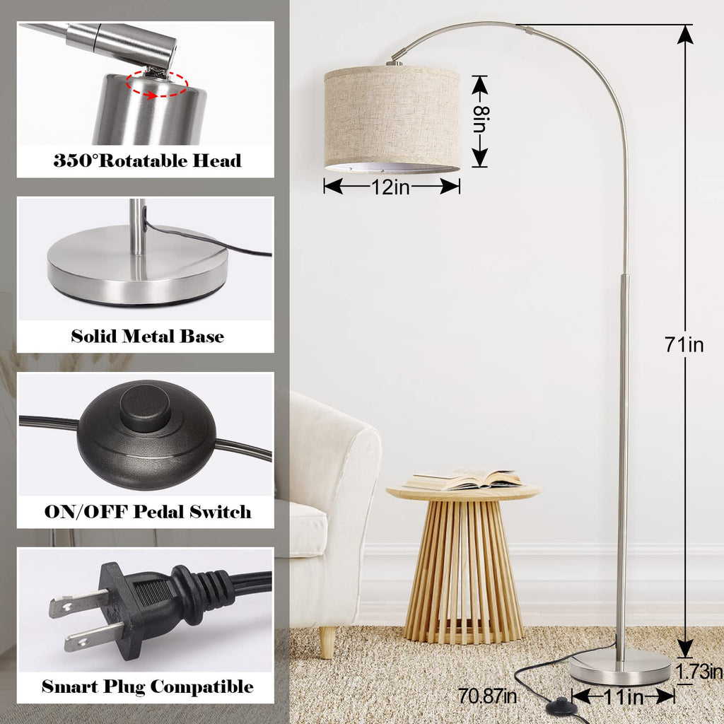 Rattan Floor Lamp, Arc Floor Lamps for Living Room, Farmhouse Standing Lamp with Adjustable Hanging Fabric Shade, Tall Pole Lamp with Foot Switch, Over Couch Arched Reading Light for Bedroom, Office