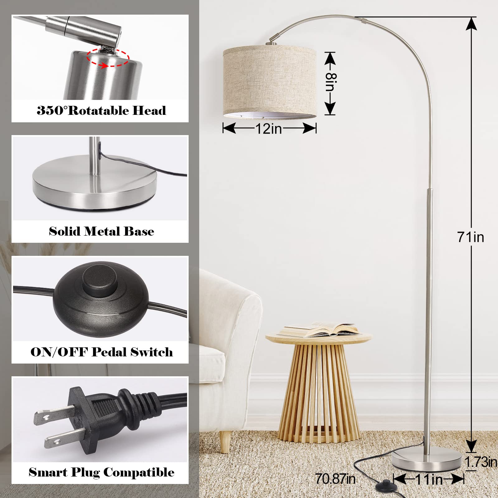 Rattan Floor Lamp, Arc Floor Lamps for Living Room, Farmhouse Standing Lamp with Adjustable Hanging Fabric Shade, Tall Pole Lamp with Foot Switch, Over Couch Arched Reading Light for Bedroom, Office
