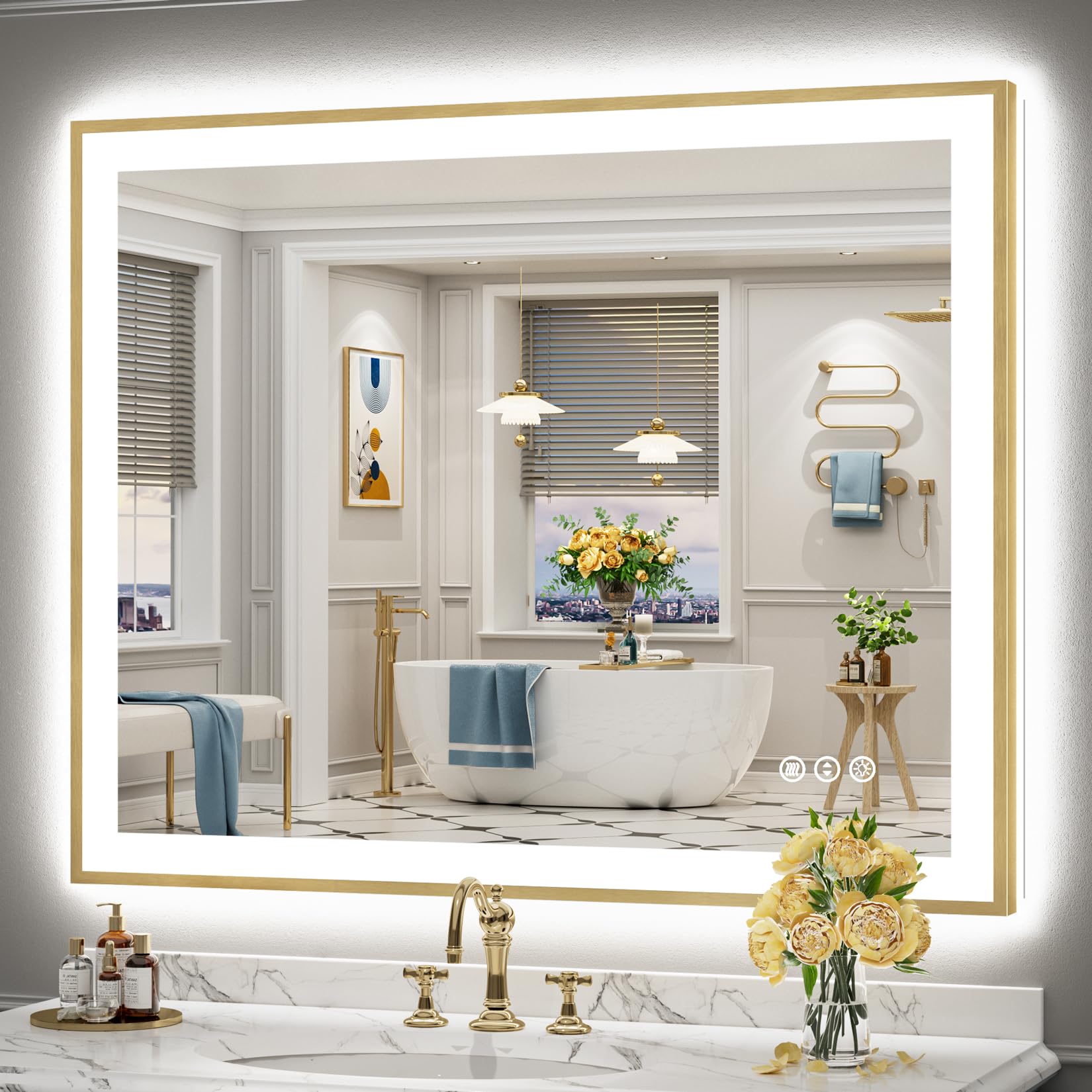 24x36 Gold Beveled LED Bathroom Mirror with Lights, Brushed Gold Framed Backlit and Front Lit Anti-Fog Lighted Vanity Mirrors for Bathroom Wall, Dimmable, 3 Colors, Memory, HD Tempered Glass
