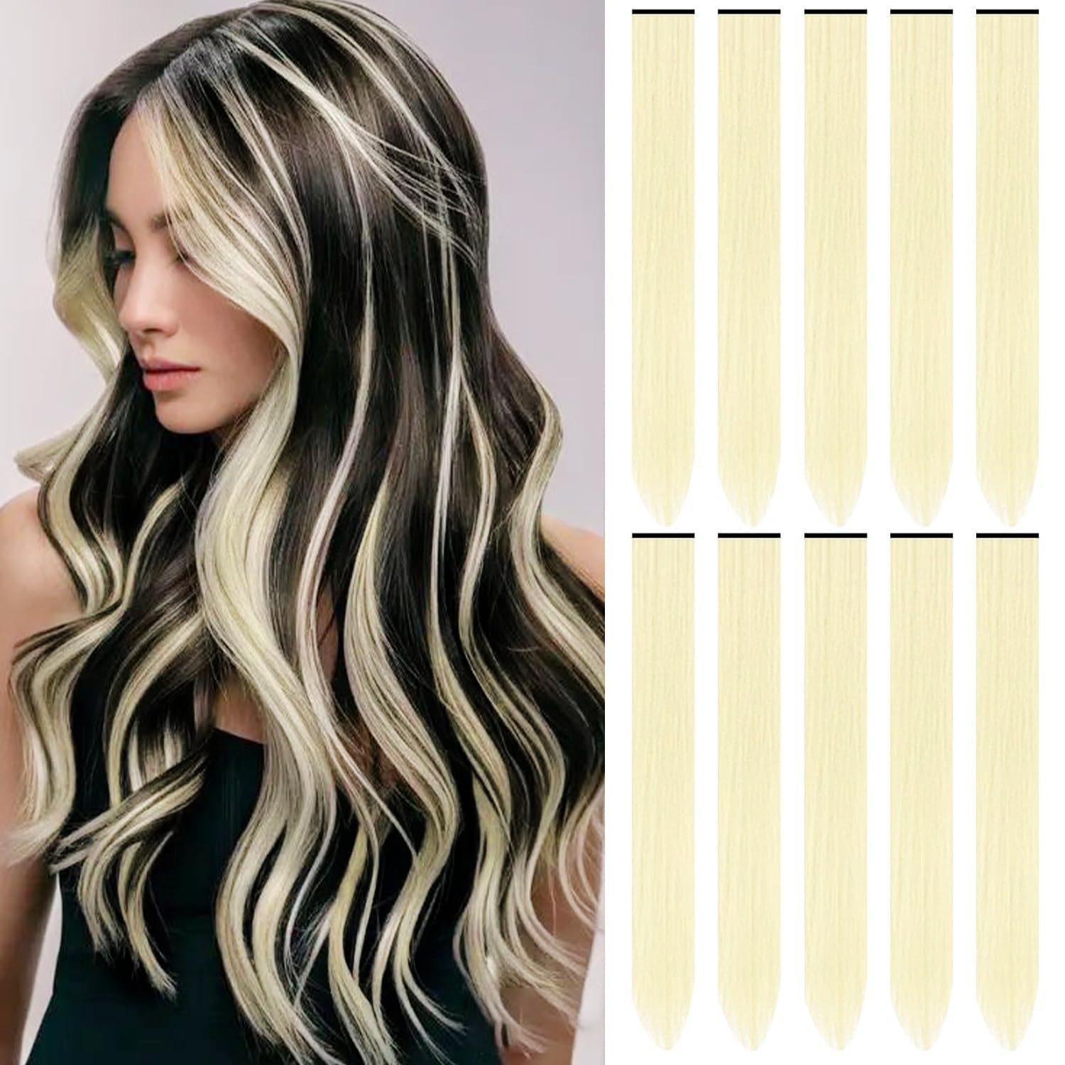 22 inch Colored Hair Extensions,Colorful Clip in Long Straight Synthetic Hair Extensions,Color Party Highlights Hairpieces for Women Girls Cosplay Styling(10 PCS Black)
