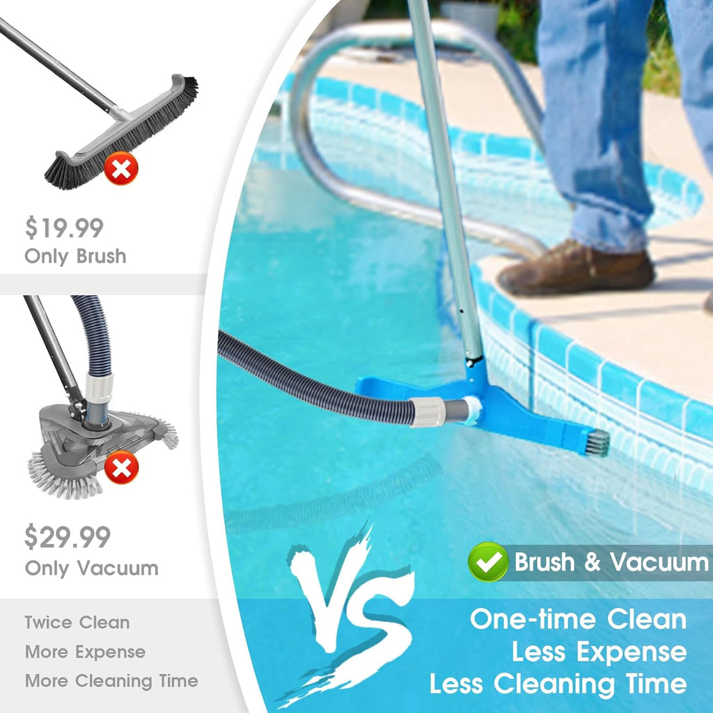 TidyMister 20" 2 in 1 Pool Brush Vacuum Head with Swivel Hose Connection & Sturdy Nylon Bristles for Heavy Duty Inground & Above- Ground Pool Cleaning - Connecting 1-1/4" or 1-1/2" Hose (No Pole)