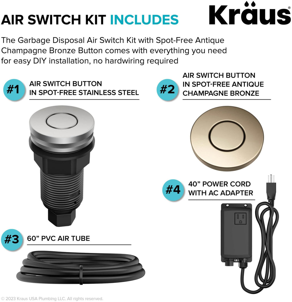 KRAUS Garbage Disposal Air Switch Kit with 2 Flat-Top Push Buttons in in Spot-Free Stainless Steel and Brushed Brass, AC Adapter, Power Cord, and Air Tube Included, KWDA-200BB