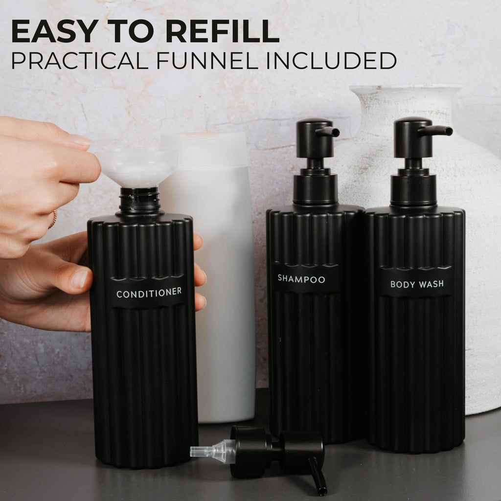 Stylish Shampoo and Conditioner Dispenser Set of 3 - Modern 19oz Shower Soap Bottles with Pump and Labels - Easy to Refill Body Wash Dispensers for an Instant Bathroom Decor Upgrade