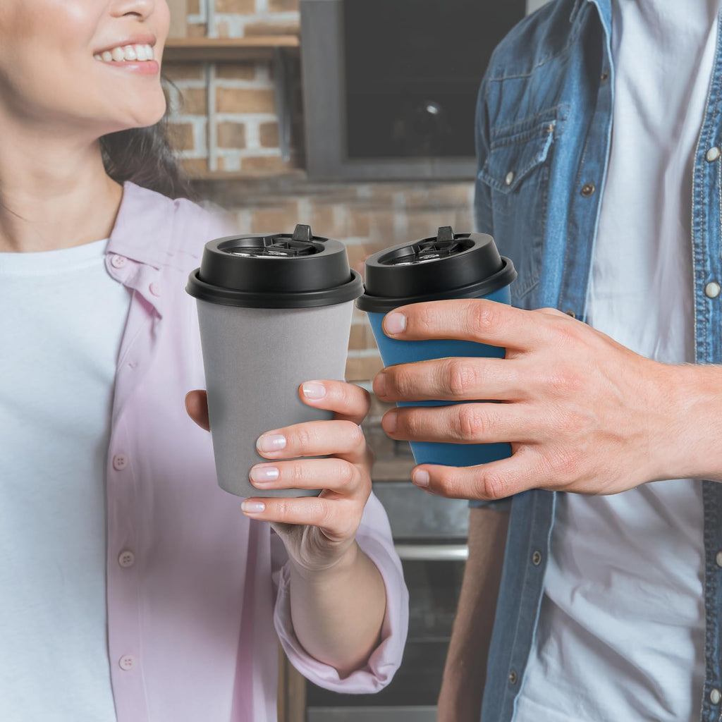 LITOPAK 100 Pack 10 oz Disposable Paper Coffee Cups with Lids for Coffee, Water, Juice, or Tea, Blue and Gray Hot Paper Cups for Home, Restaurant, Store, and Cafe