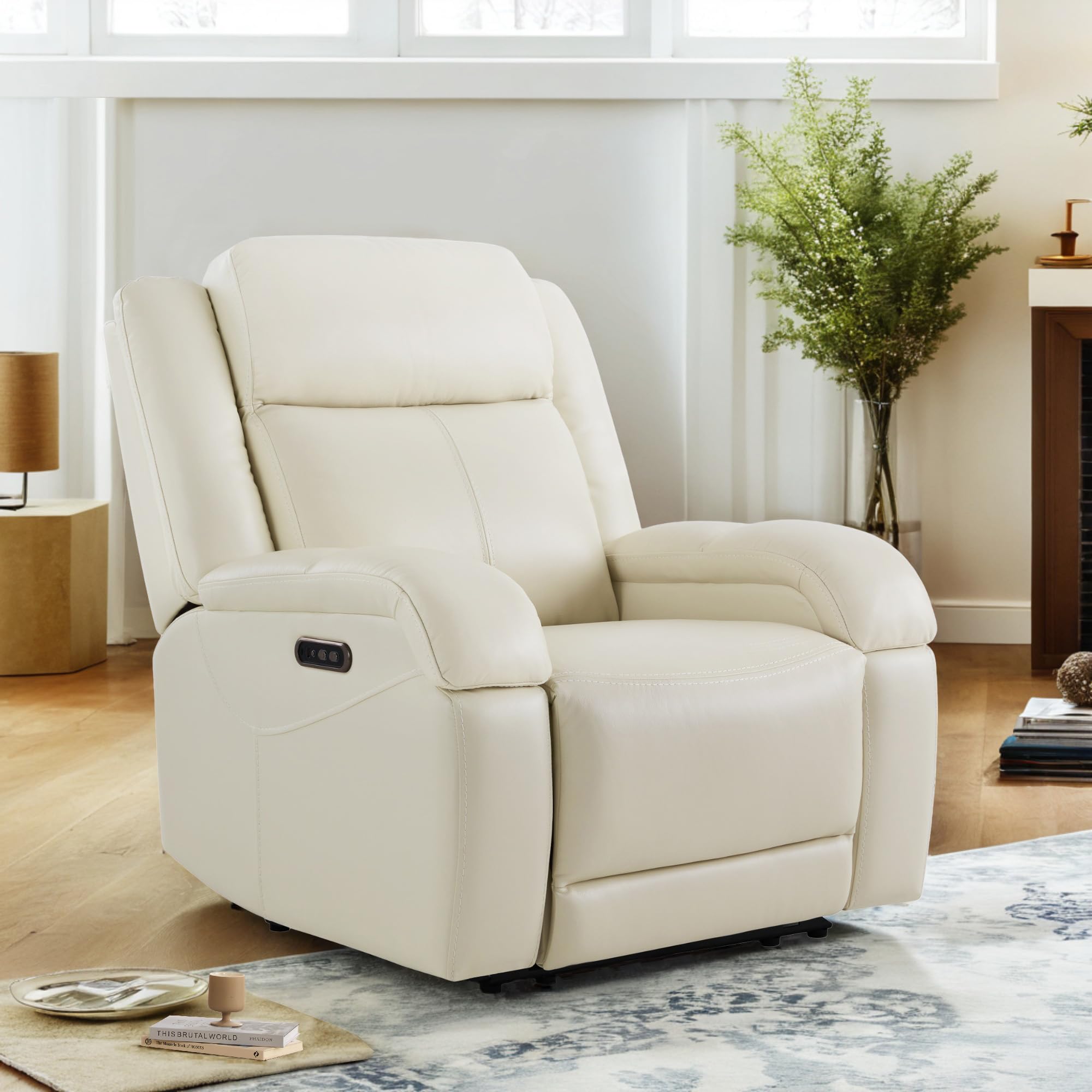 Watson & Whitely Genuine Leather Power Recliner Chairs for Adults, Wall Hugger RV Recliner with Power Headrest & Charging Ports, Electric Recliner Sofa Chair for Living Room, Black