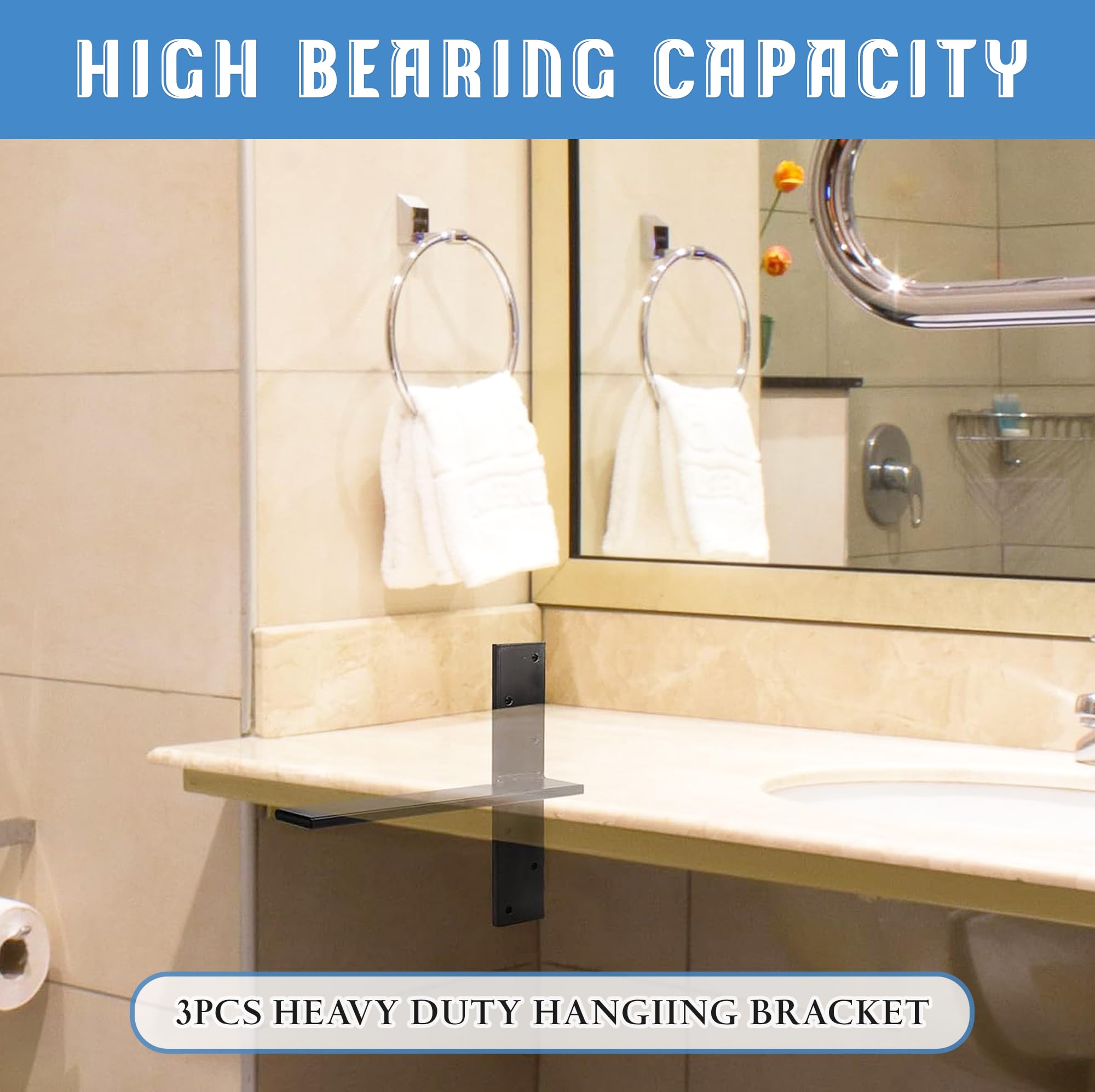 Floating Shelf Bracket 3/8" Thick Heavy Duty Shelf Brackets 2 Pack Free Hanging Countertop Support Bracket 8" Lx2.5 W Floating Wall Brackets for Cabinets, Granite, Dishwasher, Bench Seats Vanities