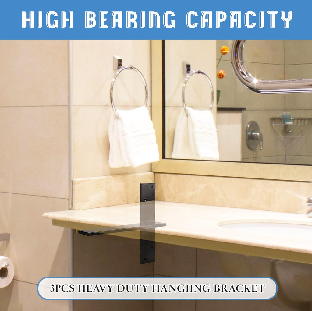 Floating Shelf Bracket 3/8" Thick Heavy Duty Shelf Brackets 2 Pack Free Hanging Countertop Support Bracket 8" Lx2.5 W Floating Wall Brackets for Cabinets, Granite, Dishwasher, Bench Seats Vanities