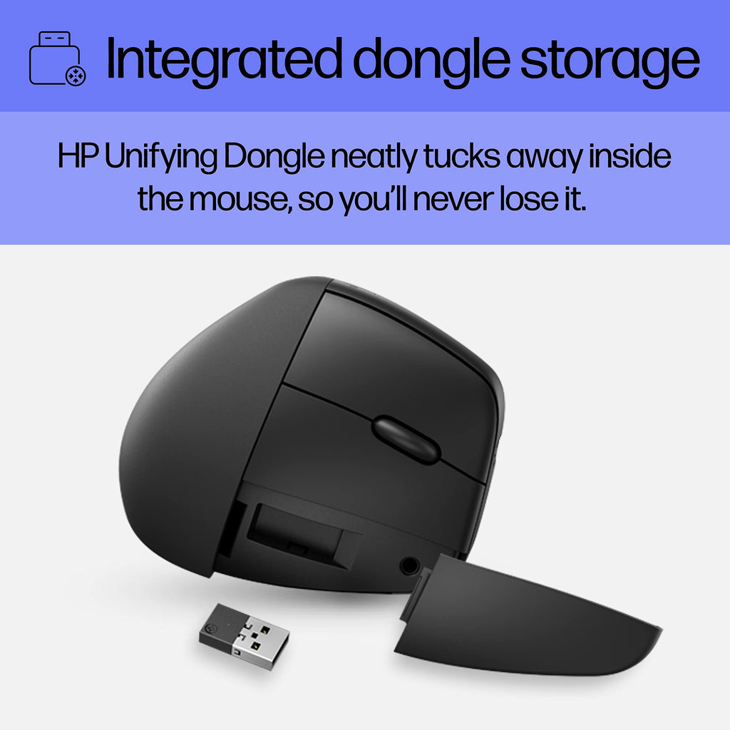 HP 920 Ergonomic Vertical Mouse Wireless Bluetooth 5.3 & USB Dongle, 5 Programmable Buttons, 16 Week Battery, Multi-Device, Multi-OS