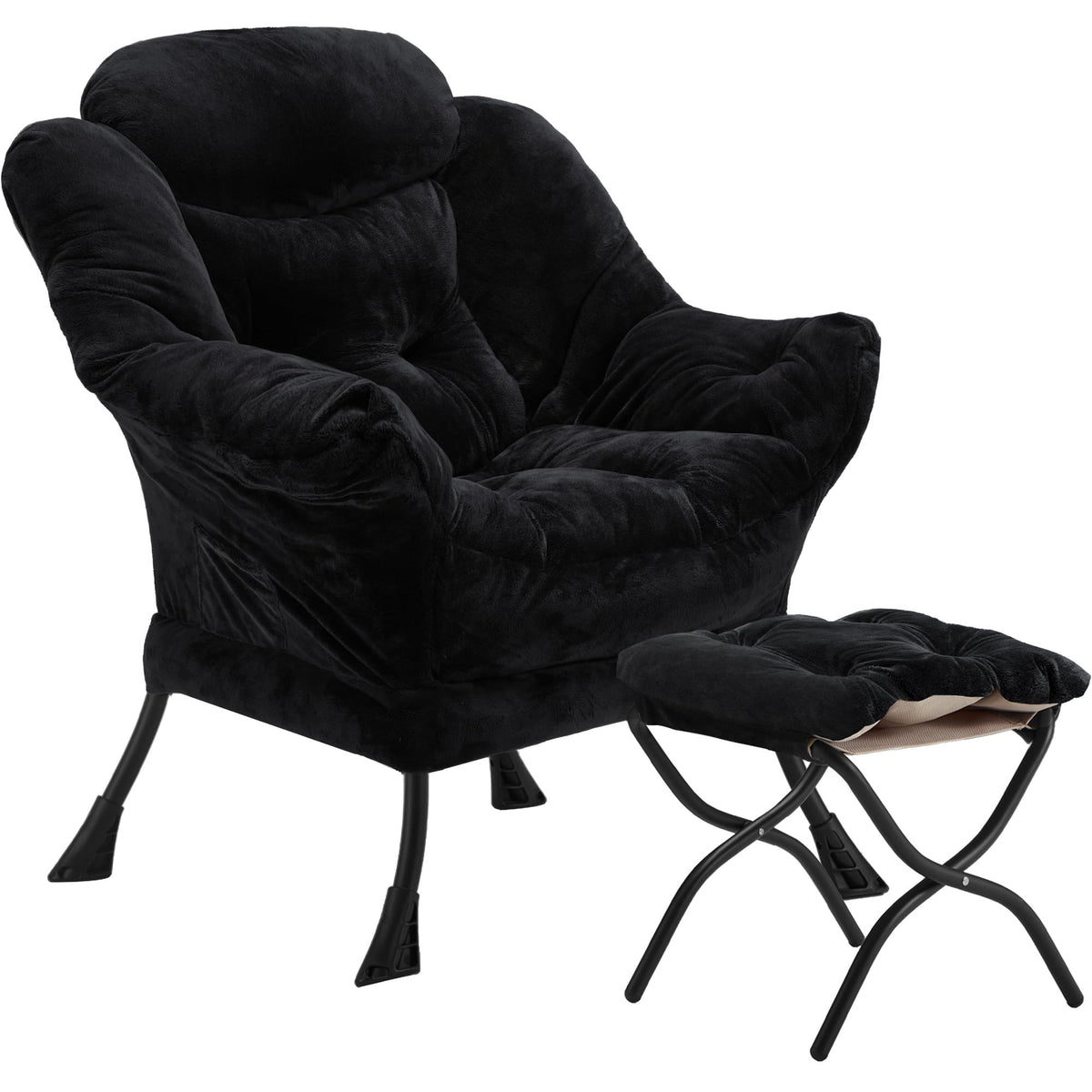 Youtanic Lazy Chair with Folding Ottoman, Accent Chair Velvet Upholstered with Metal Structure and Non-Slip Pads, Sofa Armchair with Footrest and Side Storage Bag for Dorm, Room, Office, Beige