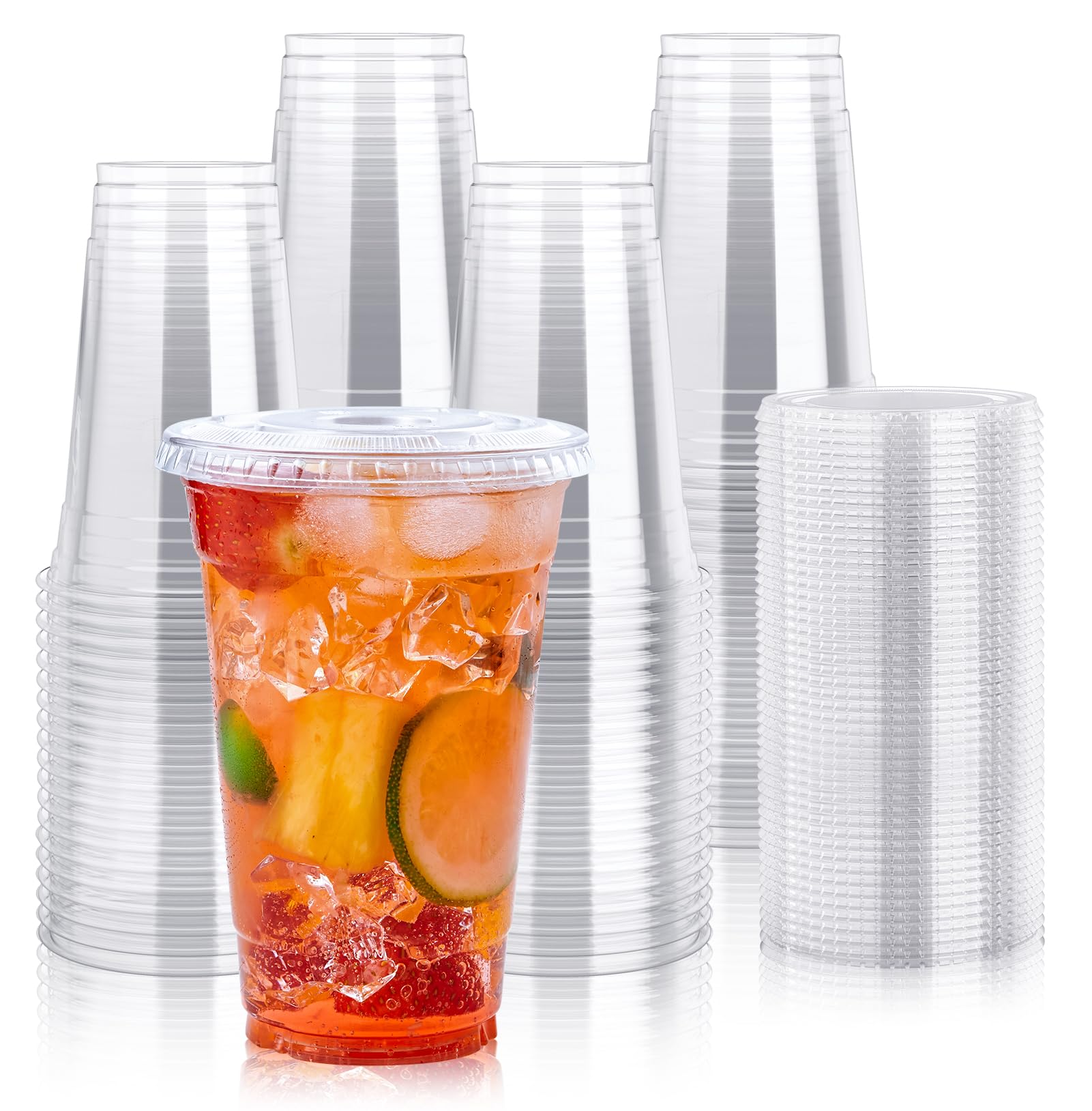 Lilymicky 200 Sets 10 oz Clear Plastic Cups With Flat Lids, 10 Ounce Disposable Drinking Cups for Smoothie, Slurpee, or Any Cold Drinks