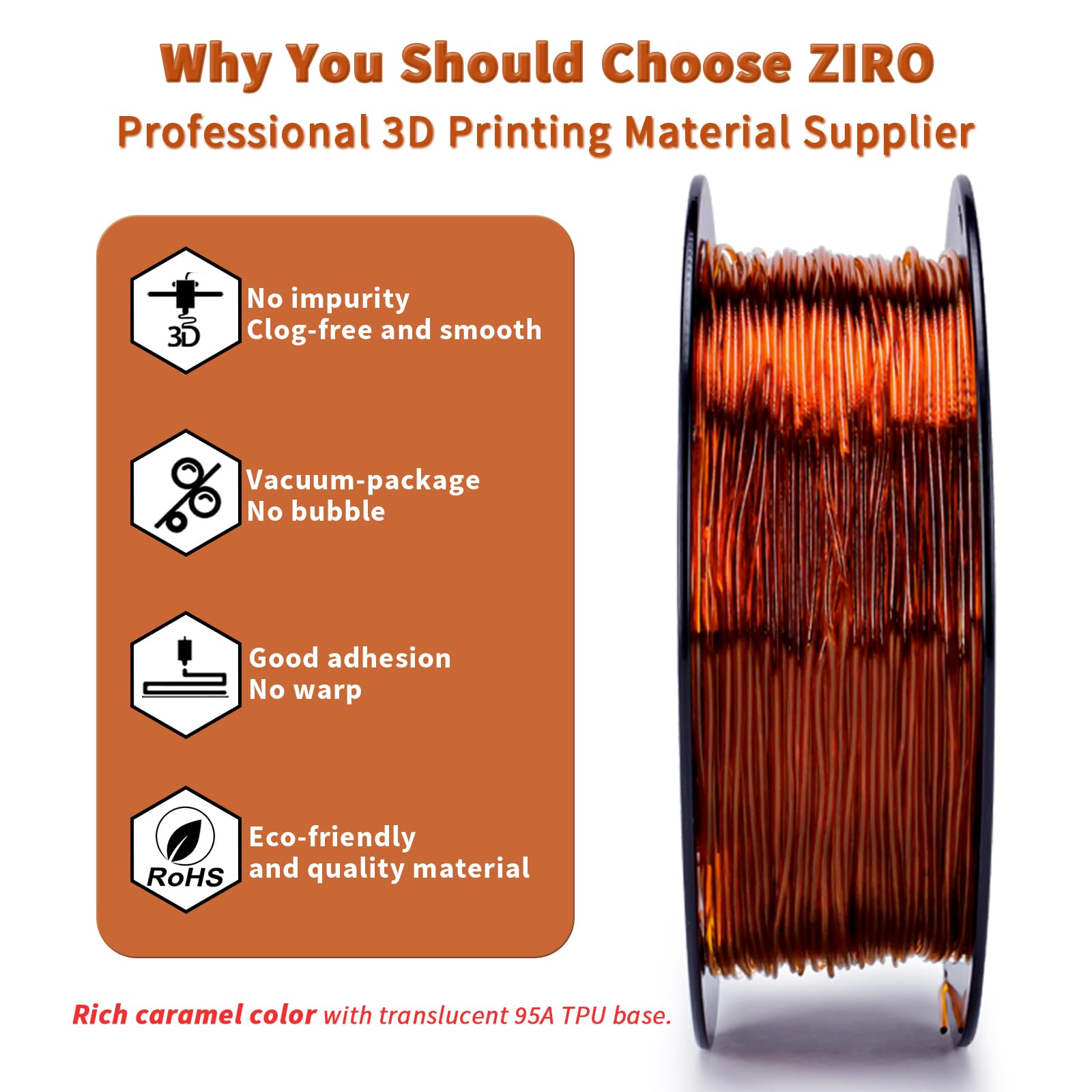 ZIRO TPU Filament 1.75mm 3D Printer Filament, Shore 95A Hardness TPU, Flexible Soft Material, 0.8KG/1.8lbs Spool, Fit Most FDM 3D Printers, Black