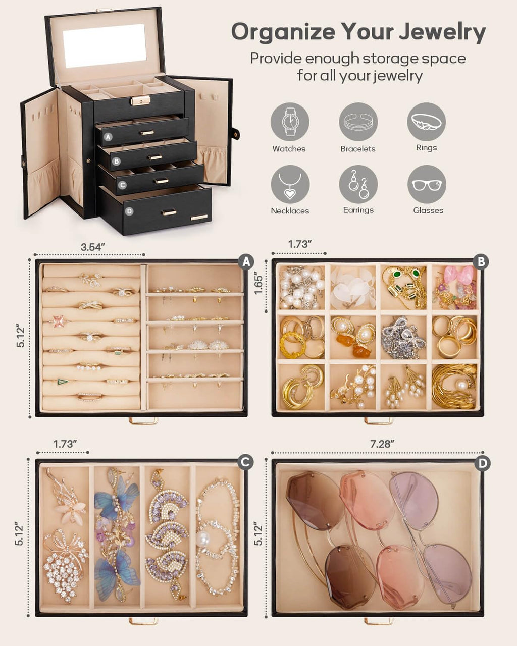 Homde Mothers Day Gifts Synthetic Leather Huge Jewelry Box Mirrored Watch Organizer Necklace Ring Earring Storage Lockable Gift Case (Black + Gold)