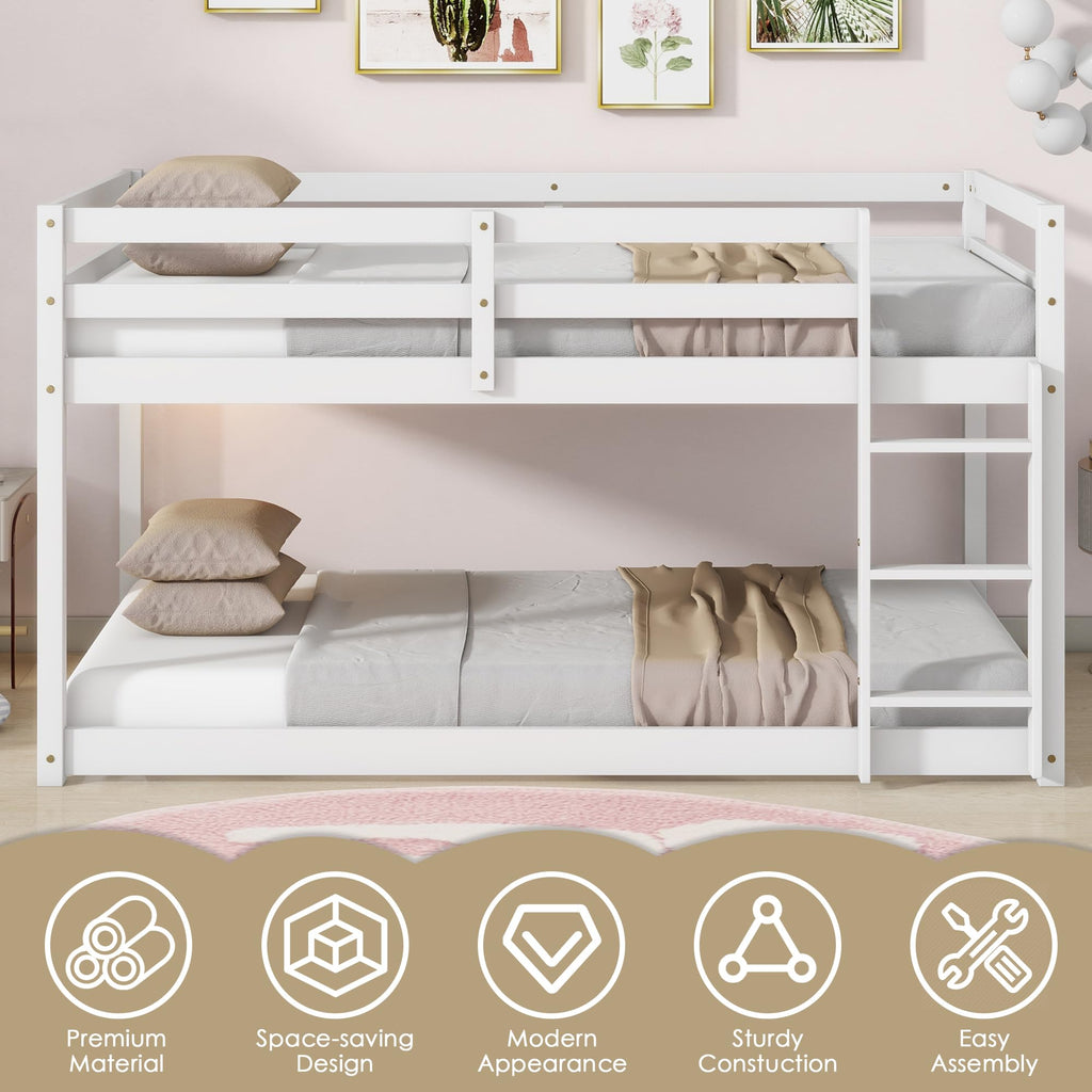 Bunk Bed Twin Over Twin, Wood Low Profile Floor Twin Bunk Beds with Headboard Ladder Guardrails for Kids Boys and Girls, No Box Spring Needed