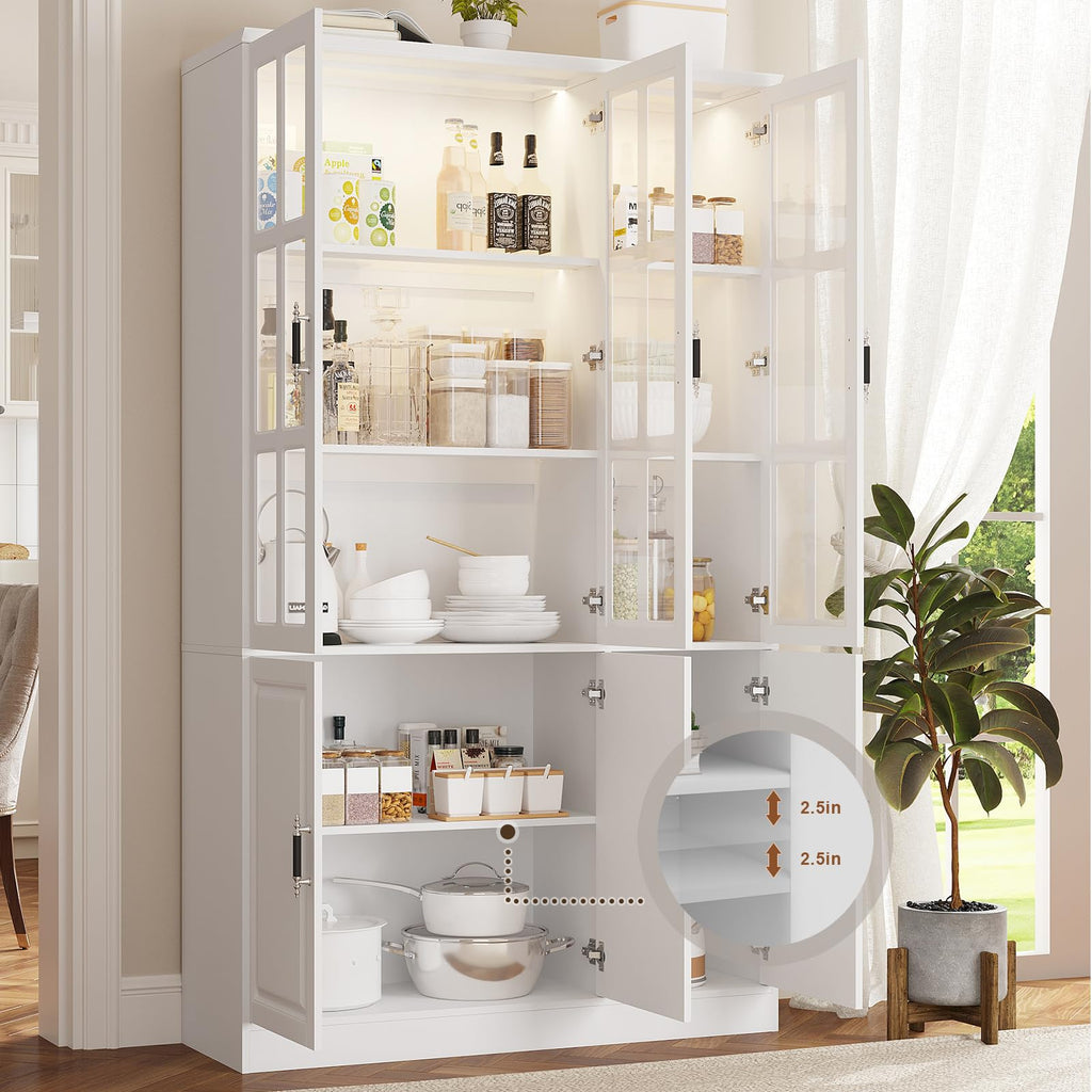 MEISSALIVVE Kitchen Pantry Storage Cabinet with LED Lights, 78.7" Tall with Glass Doors & Drawers, Freestanding Utility Cabinet, Black (31.5" W x 15.7" D)