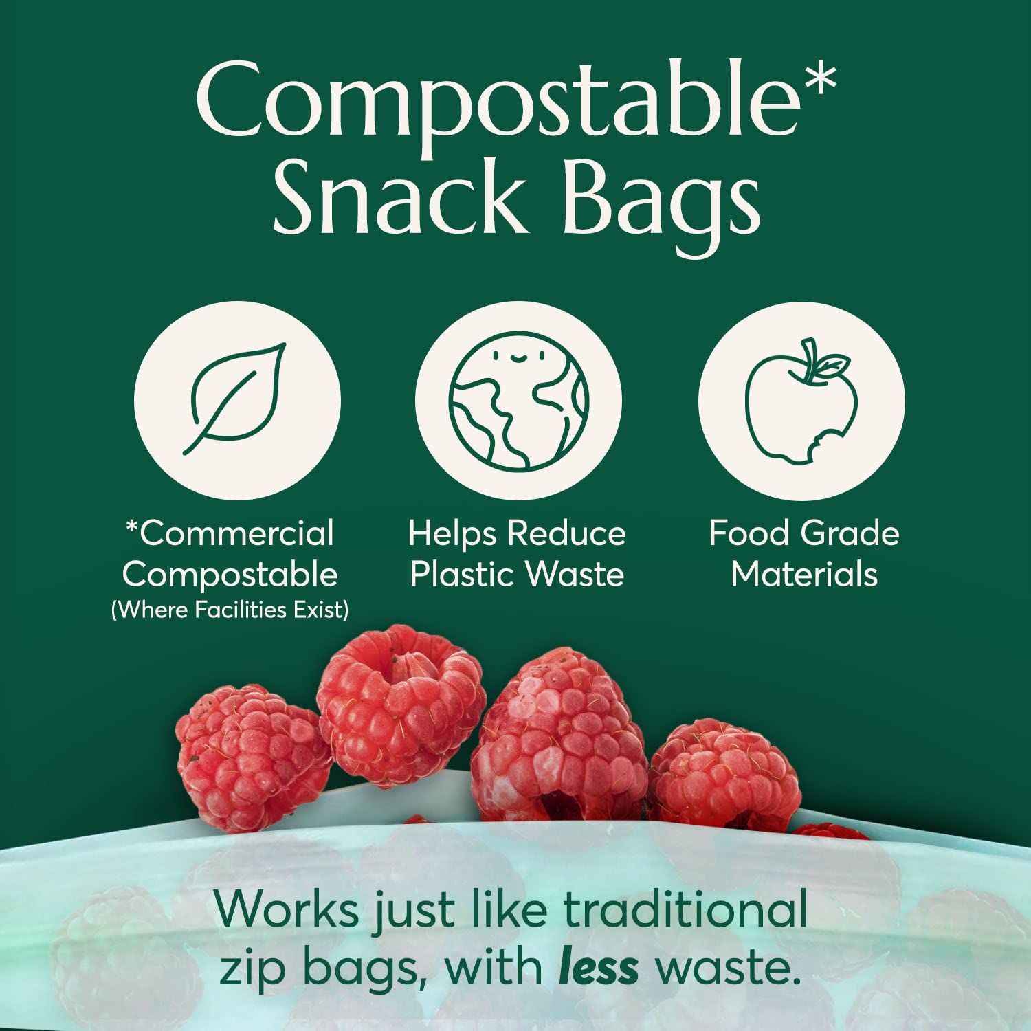 Cleanomic Compostable* Snack Size Food Storage Bags (50 Eco Zip) Freezer and Leak Proof, Also Available Gallon, Quart and Sandwich Size Bags