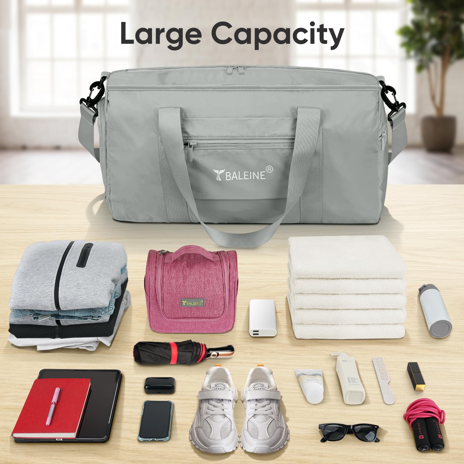 BALEINE Gym Bag for Women and Men, Duffel Bag for Sports, Gyms and Weekend Getaway, Waterproof Dufflebag with Shoe and Wet Clothes Compartments, Lightweight Carryon Gymbag (Azure)