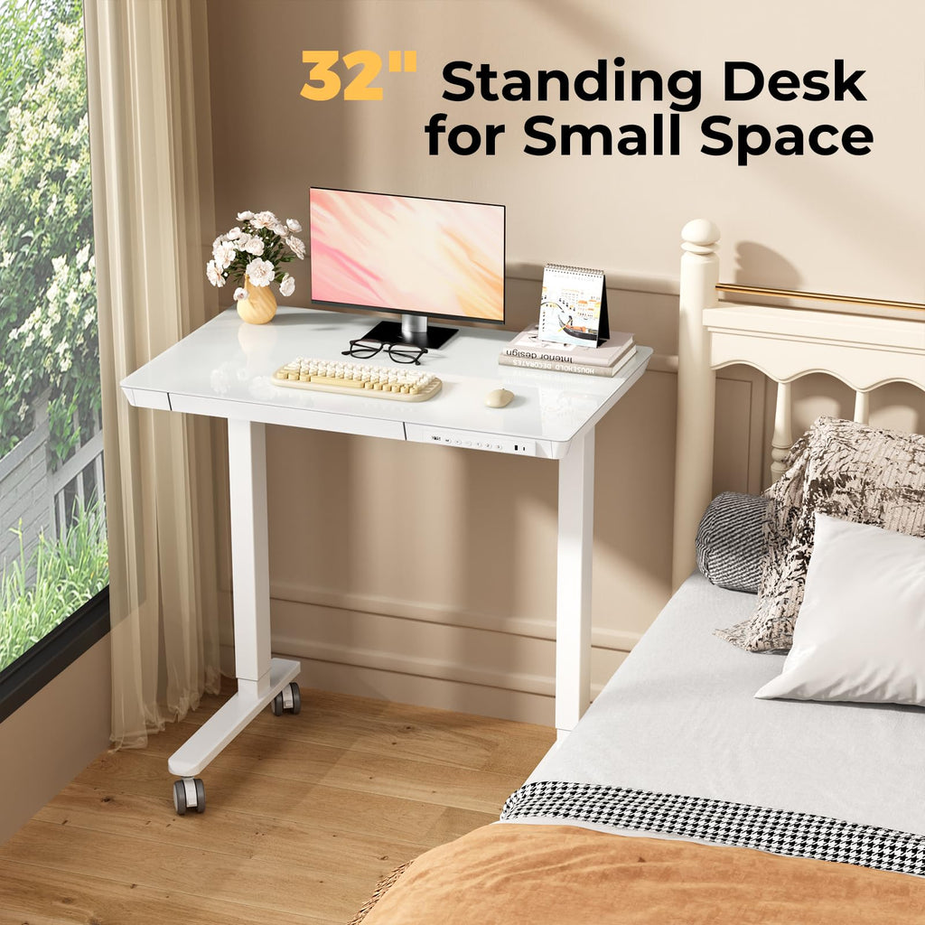 Glass Electric Standing Desk with Drawer, 35" x 20" Whole Piece Tabletop Samll Sit Stand Table, Height Adjustable Workstation with Storage & USB Ports, Quick Install Home Office Desk