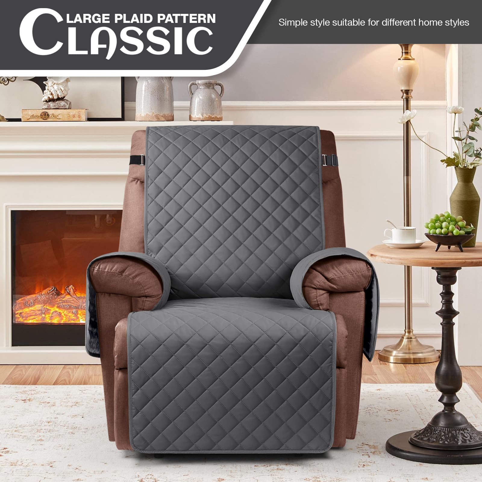 KinCam 100% Waterproof Recliner Chair Cover, Reclining Couch Covers for Pets, Dogs, Recliner Couch Slipcover Furniture Protector with Elastic Straps for Kids(23.6", Beige White)