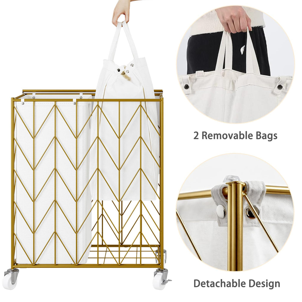 WOWLIVE Laundry Basket with Wheels, Heavy Duty Laundry Hamper with Wood Lid, Clothes Hamper with Divided Removable Liner Bag, Large Capacity Iron-Made Laundry Sorter Laundry Room Organization (Beige)
