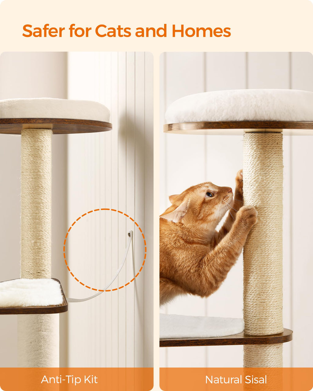 Feandrea Cat Tree, 65-Inch Modern Cat Tower for Indoor Cats, Multi-Level Cat Condo with 5 Scratching Posts, Perch, Washable Removable Cushions, Cat Furniture, Cloud White UPCT166W01