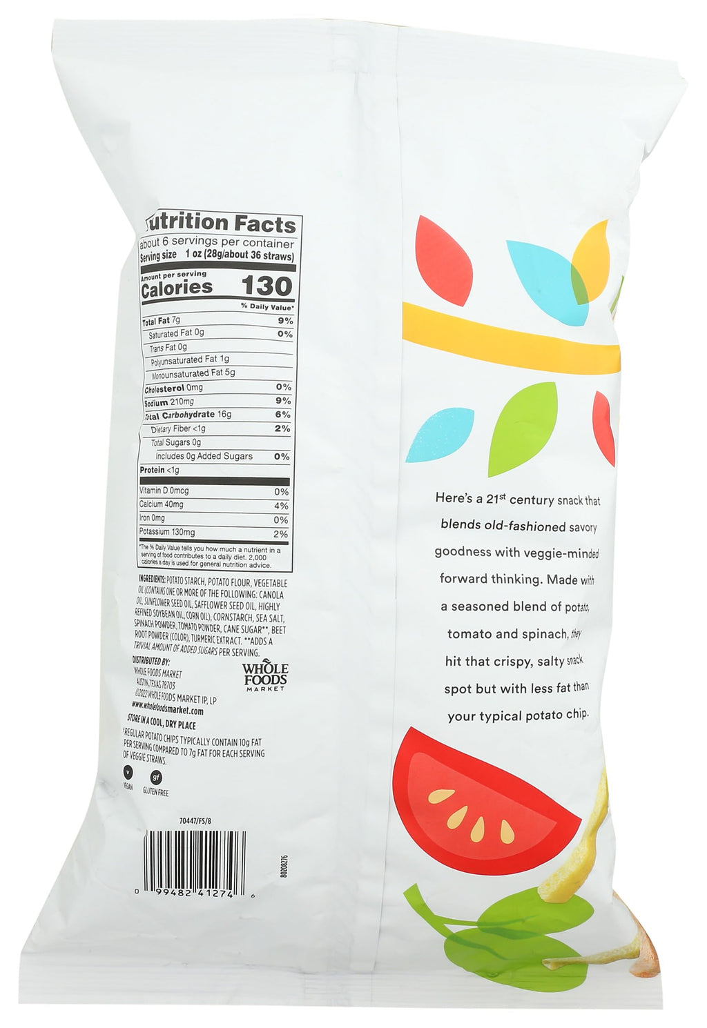 365 by Whole Foods Market, Veggie Straws, Made with Tomato and Spinach, Vegan, Gluten-Free, 6 Ounce
