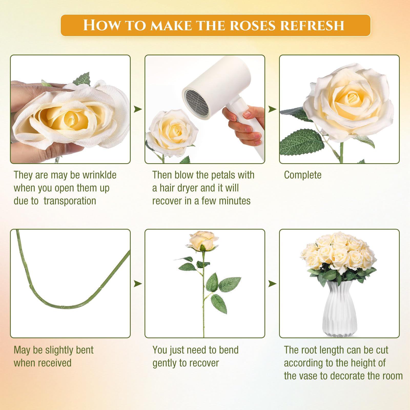Jexine 100 Pieces Artificial Roses Flowers Bulk, Long Stem Realistic Fake Silk Roses Bouquet for Table Centerpiece Vases Wedding Party Kitchen Decor(Beige)