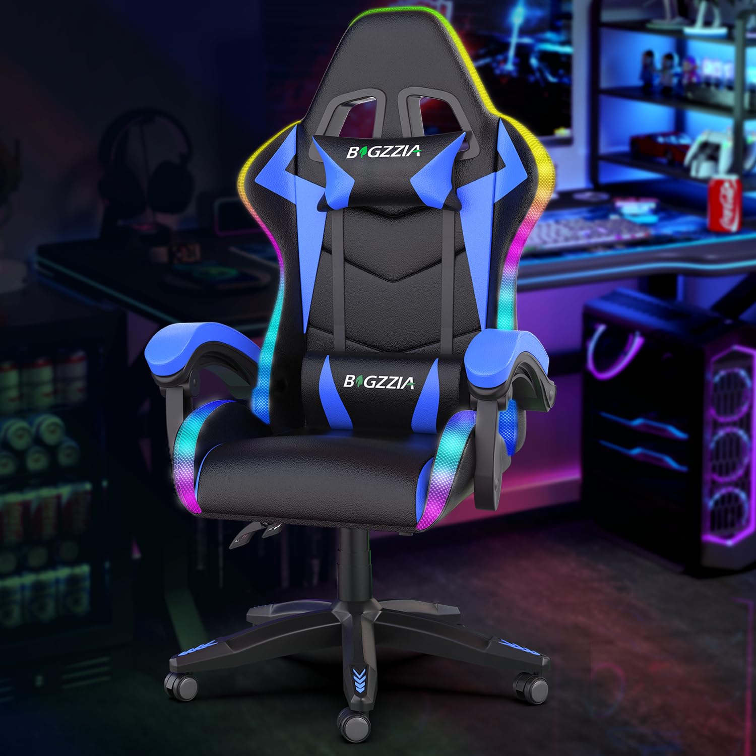 Bigzzia Gaming Chair with RGB LED Lights for Kids & Adults, High Back Ergonomic Computer Gamer Chair with Headrest and Lumbar Support, Racing Style Reclining Game Chair(Black)