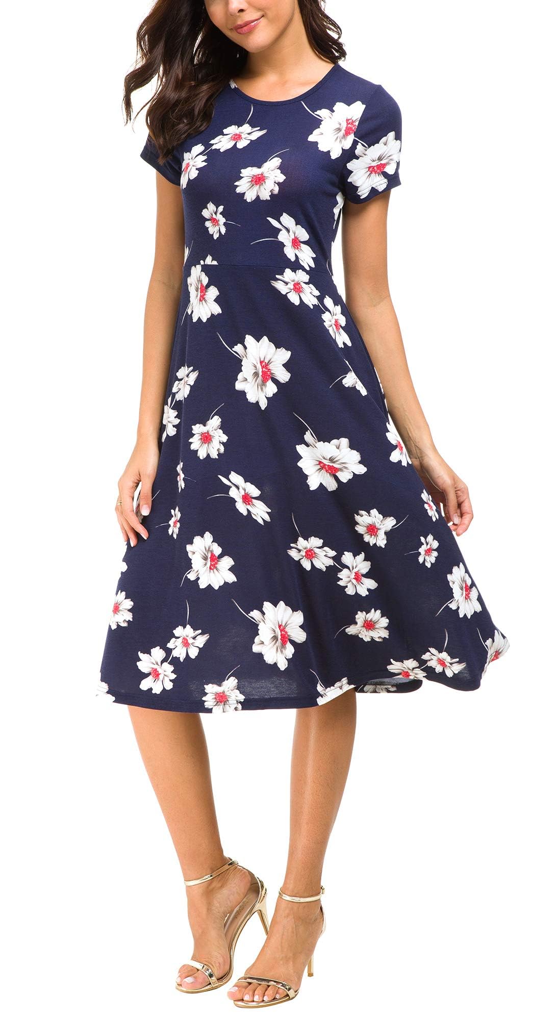 Urban CoCo Women's Vintage Short Sleeve High Waist Flared Midi Casual Summer Dress