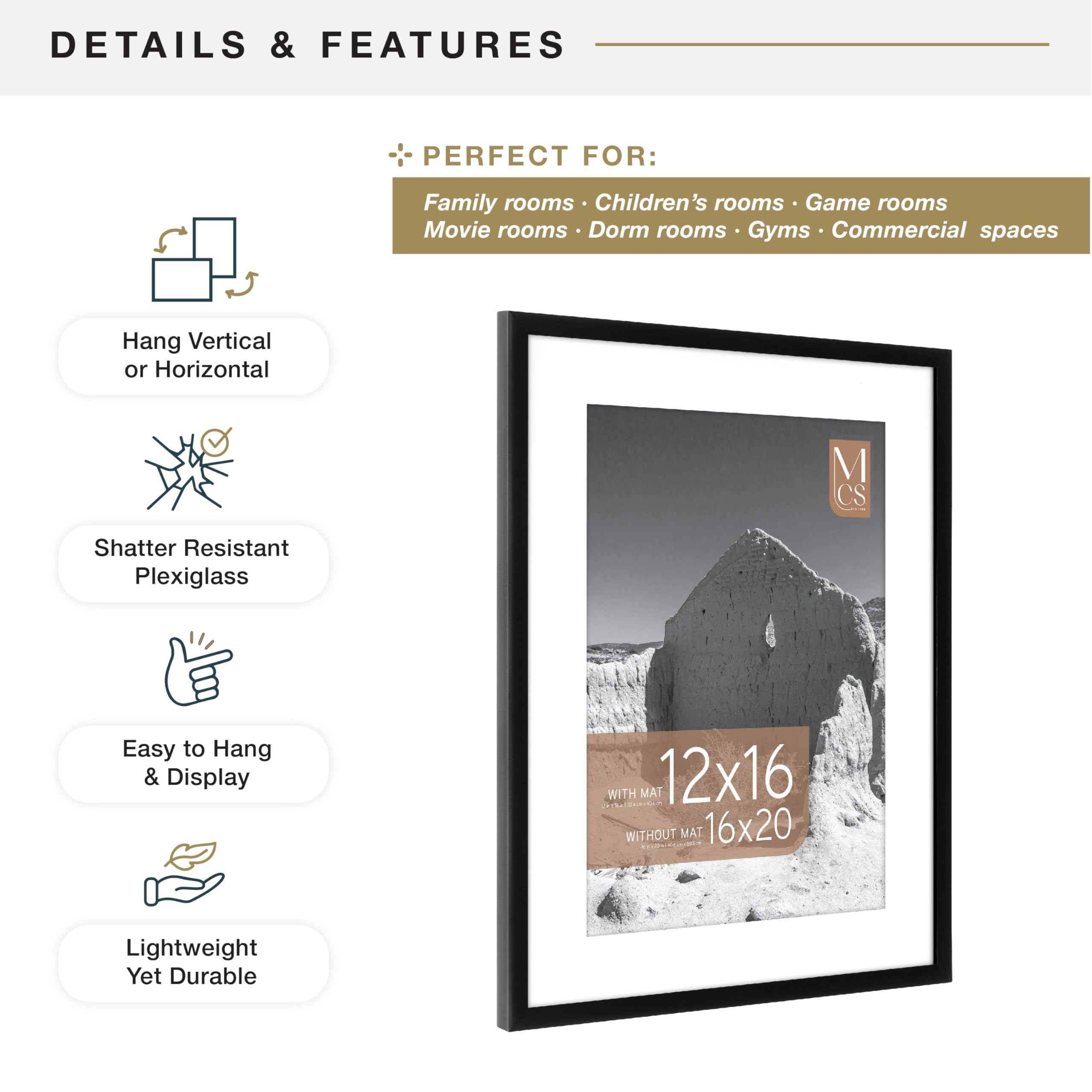 MCS Everline Collection 14x20 Matted Poster Frame with 11x17 Picture Display, Black Vertical & Horizontal Wall Hanging Large Frame for Photos, Posters & Art Prints (1-Pack)