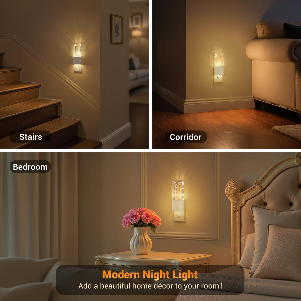 JandCase Night Lights Plug into Wall, Dusk to Dawn Sensor, 3000K Soft White LED, Acrylic Design, 0-100lm Adjustable Brightness, for Bedroom, Bathroom, Living Room, Hallway