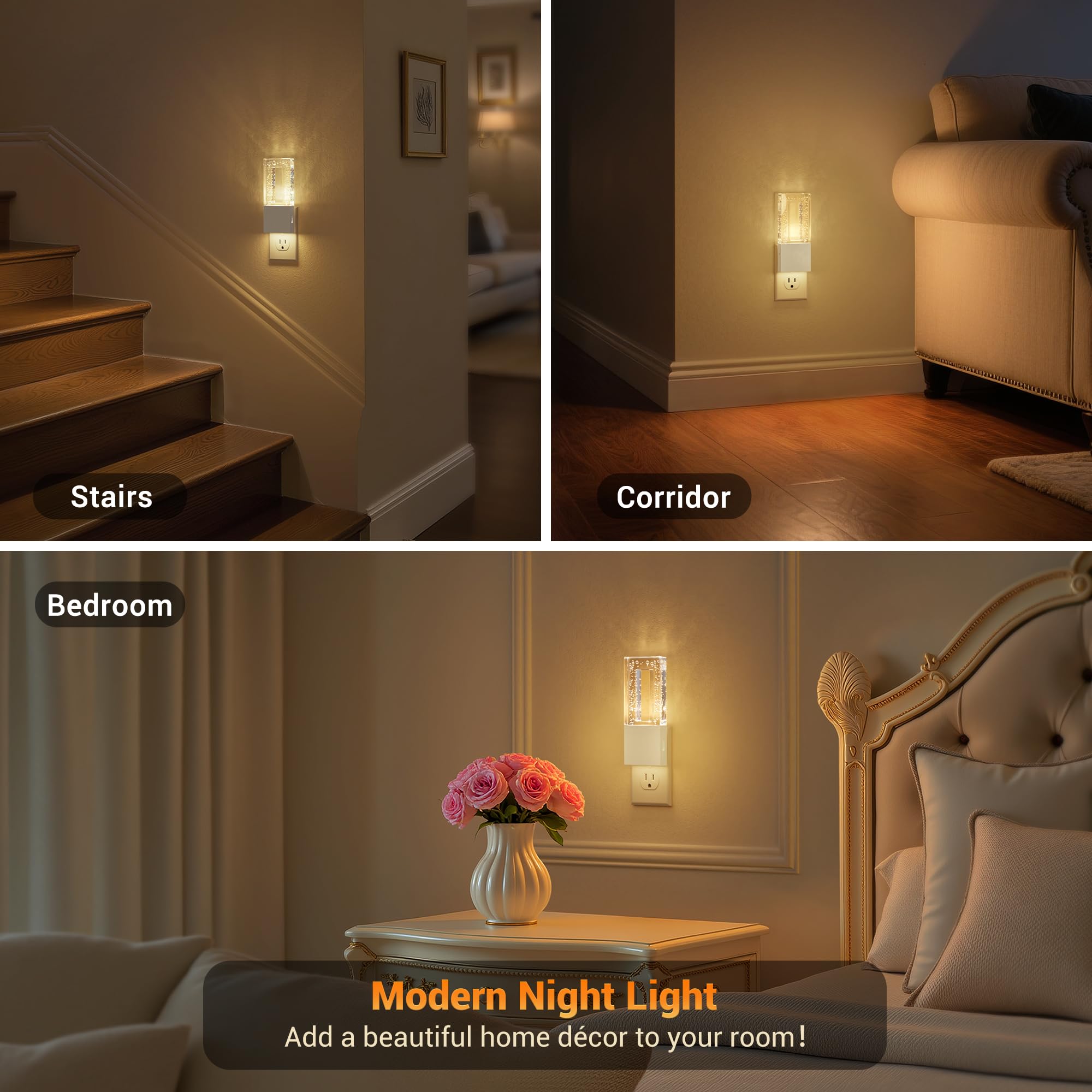 JandCase Night Lights Plug into Wall, Dusk to Dawn Sensor, 3000K Soft White LED, Acrylic Design, 0-100lm Adjustable Brightness, for Bedroom, Bathroom, Living Room, Hallway