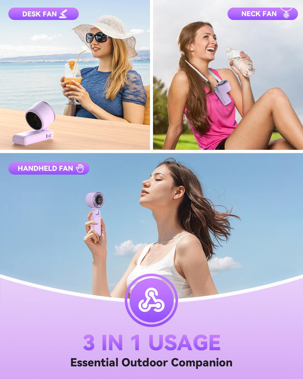 PlayHot Portable Handheld Turbo Fan, 5 Gear Wind, USB-C Rechargeable Fan, Up to 12 Working Hours, 3 IN 1 Hand Fans with Air Turbo Tech Cooling Fan for Outdoor Activities, Travel, Beach (Black)
