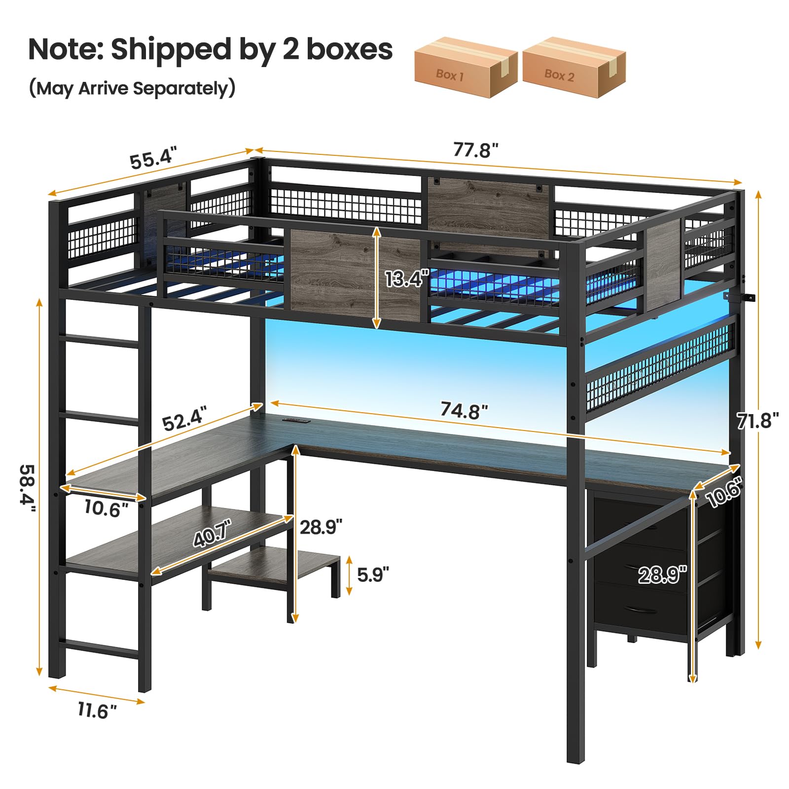 ADORNEVE Loft Bed Full Size with L-Shaped Desk, 3 Storage Drawers, Power Outlet, 3 Storage Shelves, Metal Loft Bed Frame with RGB Lights, Bed with Safety Guardrail & Ladders,Space-Saving, Grey