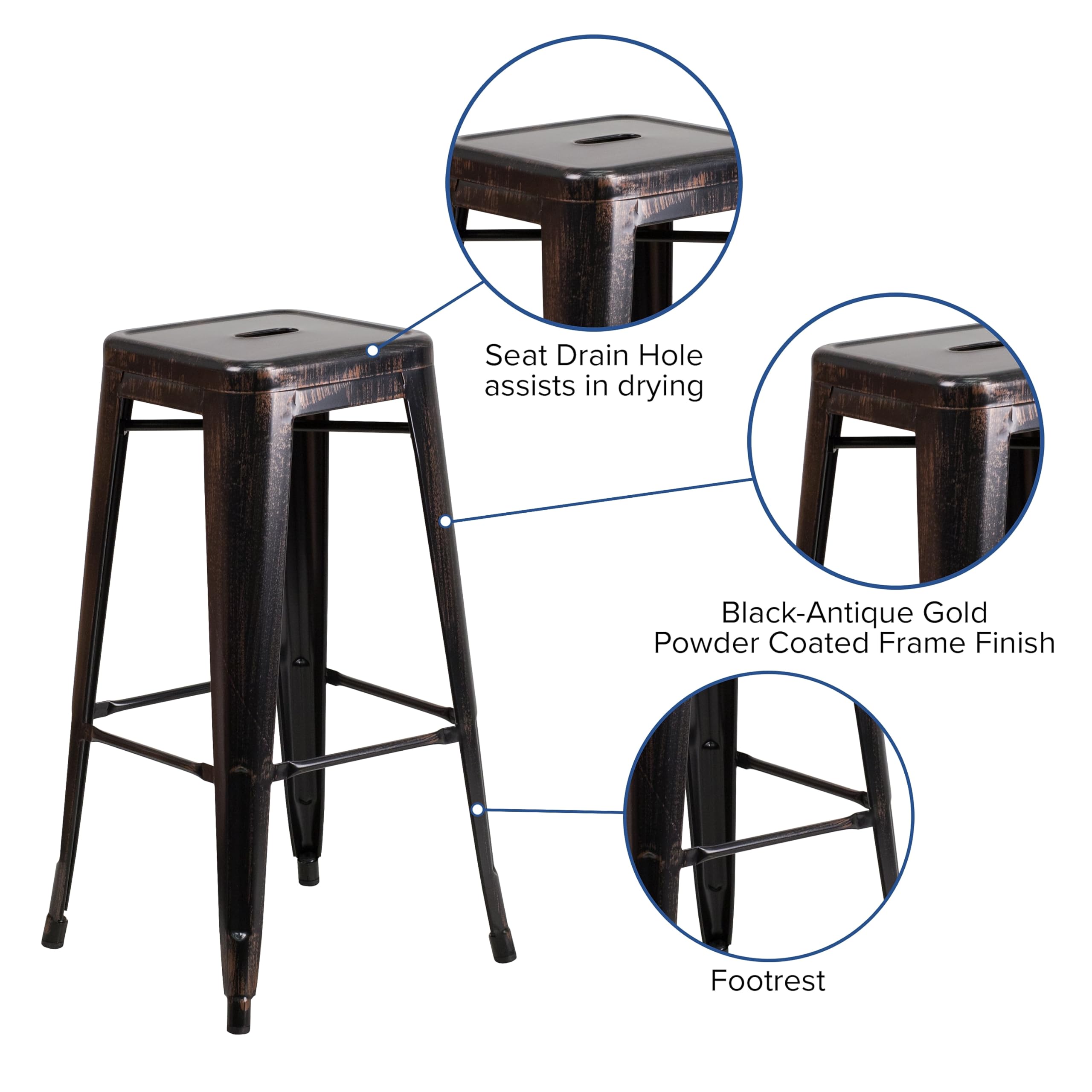 Flash Furniture 30"H Commercial Modern Metal Backless Barstool, Indoor/Outdoor Industrial Square Stacking Bar Stool for Patio Bars/Restaurants, Black