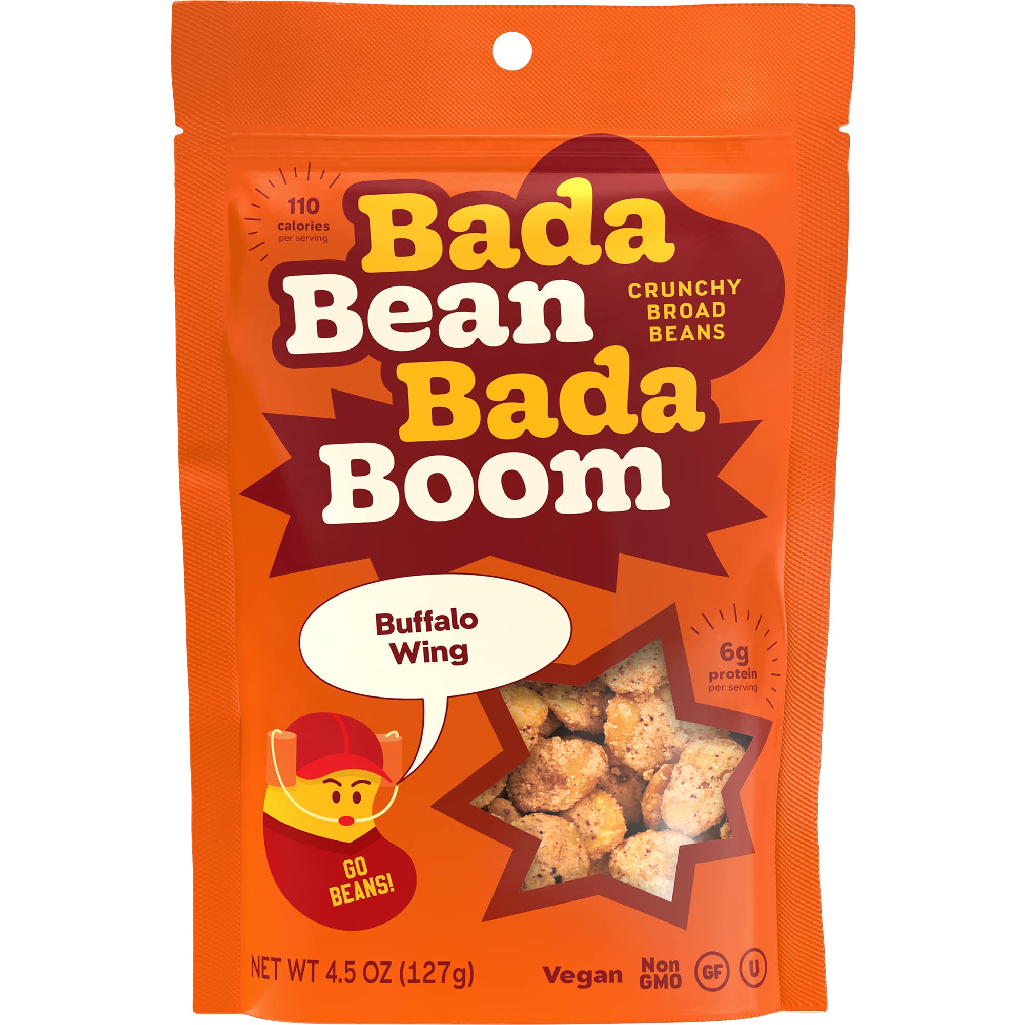 Bada Bean Bada Boom, Crunchy Roasted Broad Bean Snacks (Fava), High Protein, Vegan, Gluten-free - 110 Calorie Packs, Buffalo Wing, 4.5 Ounce (Pack of 6)