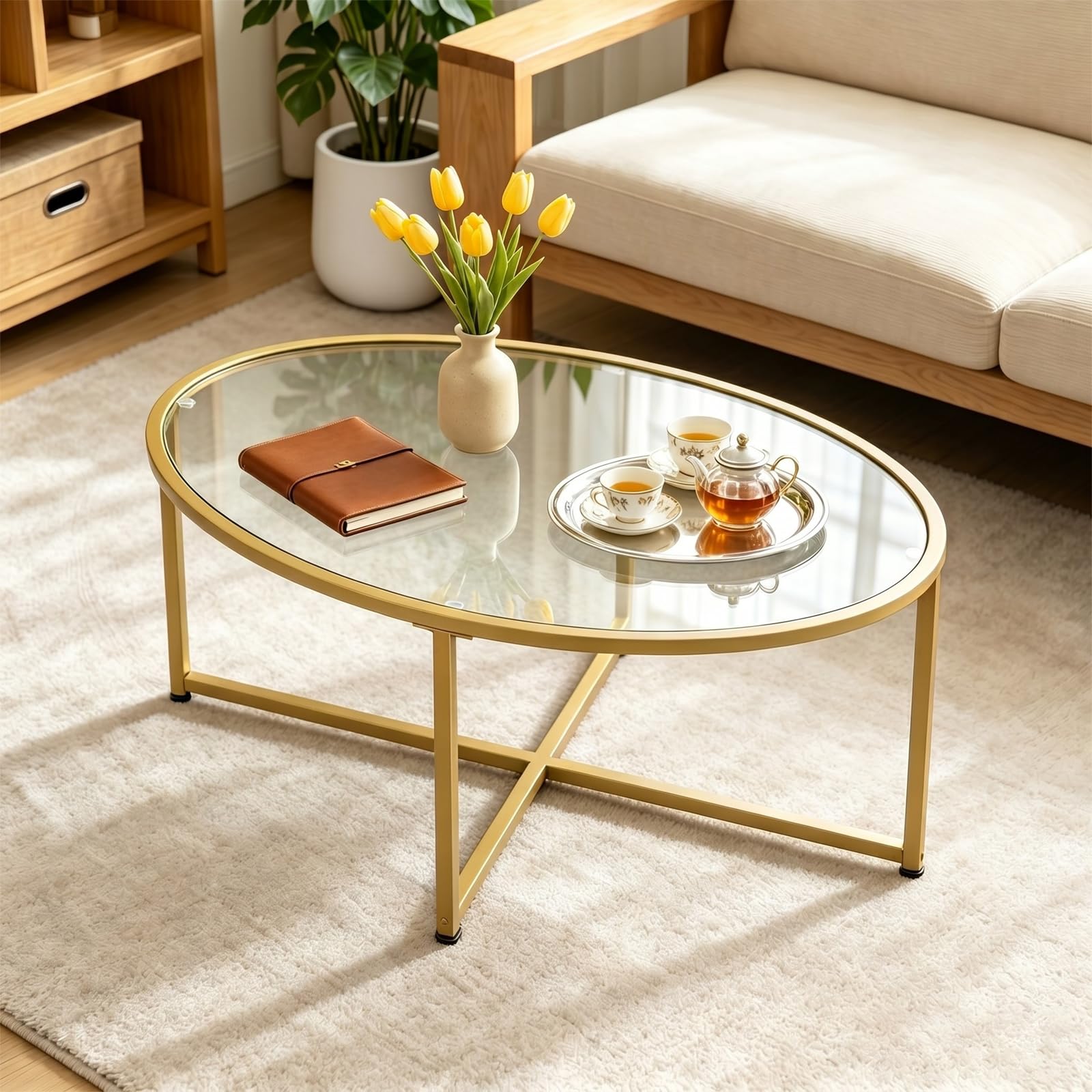 Wolawu Coffee Table Gold Oval Glass Coffee Tables for Living Room,Modern Gold Metal Frame Tea Tables for Small Space, Tempered Glass Top Center Table with Stable Cross Base for Bedroom, Office,Balcony