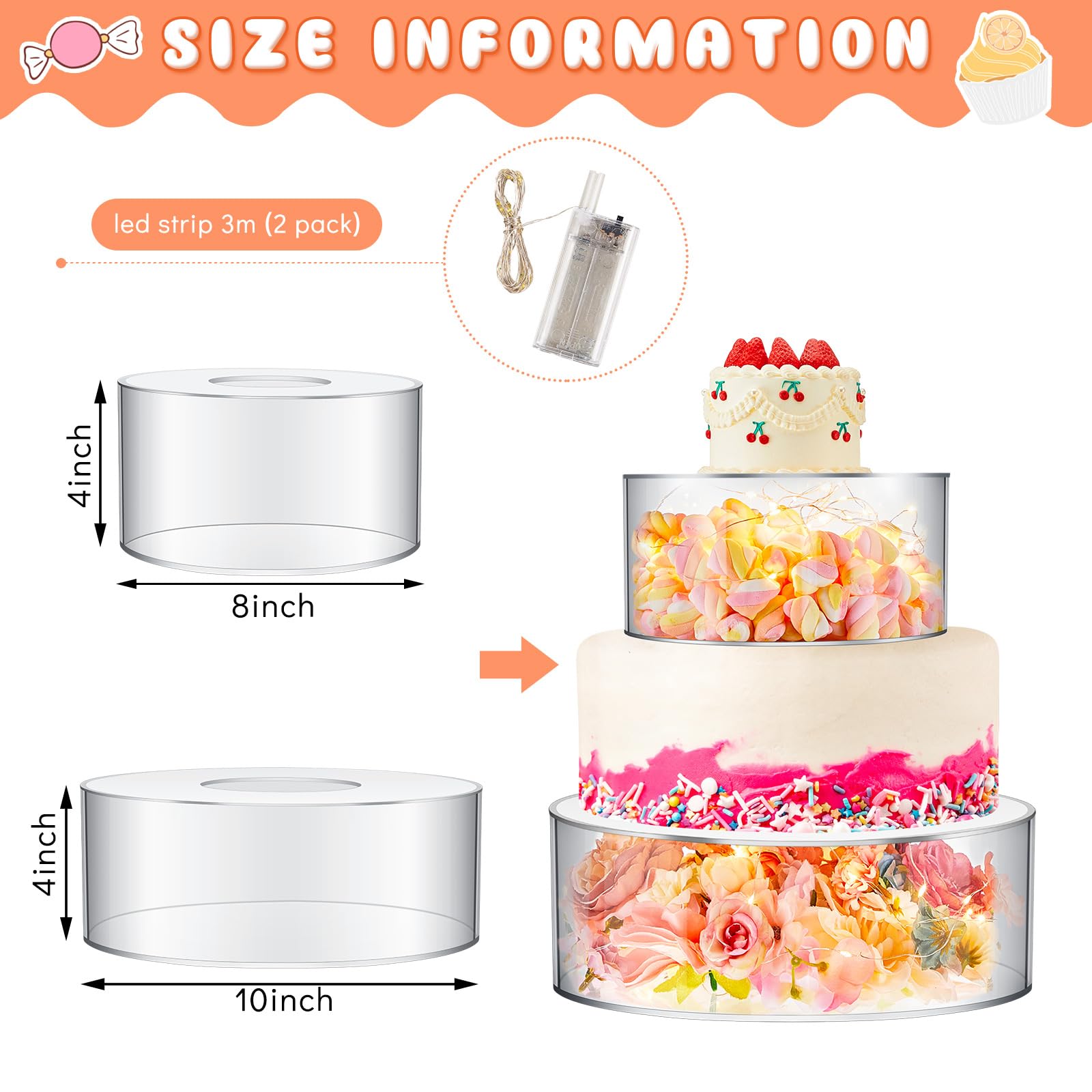 Sunnyray 2 Pcs Acrylic Cake Stands for Dessert Table Clear Fillable Cake Riser Cupcake Tier with LED Strings for Birthday Wedding Holiday Party Display(6'', 8'')