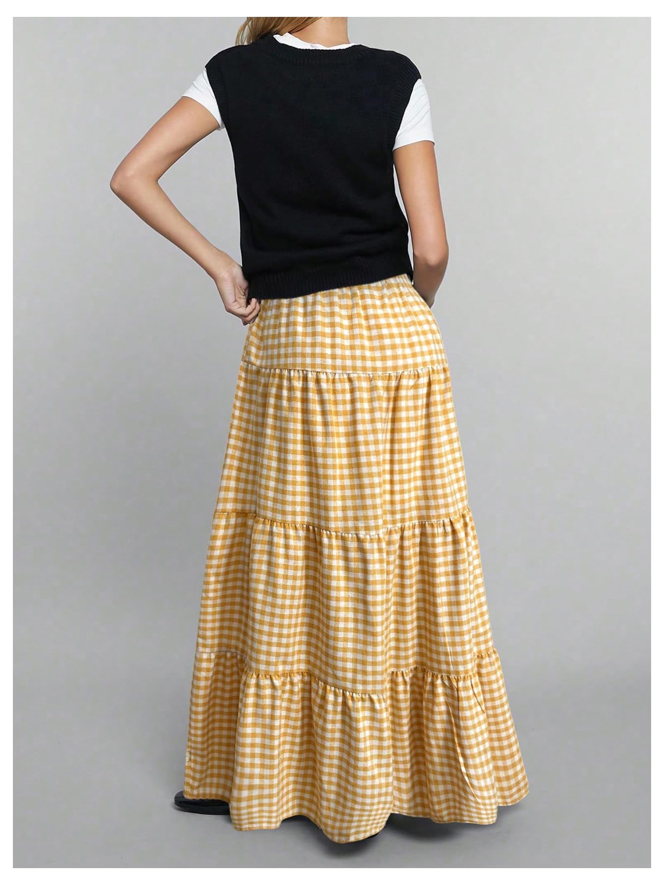 MakeMeChic Women's Plaid Maxi Skirts A Line Ruffle Tiered Layer Y2K Flowy Casual Long Skirts