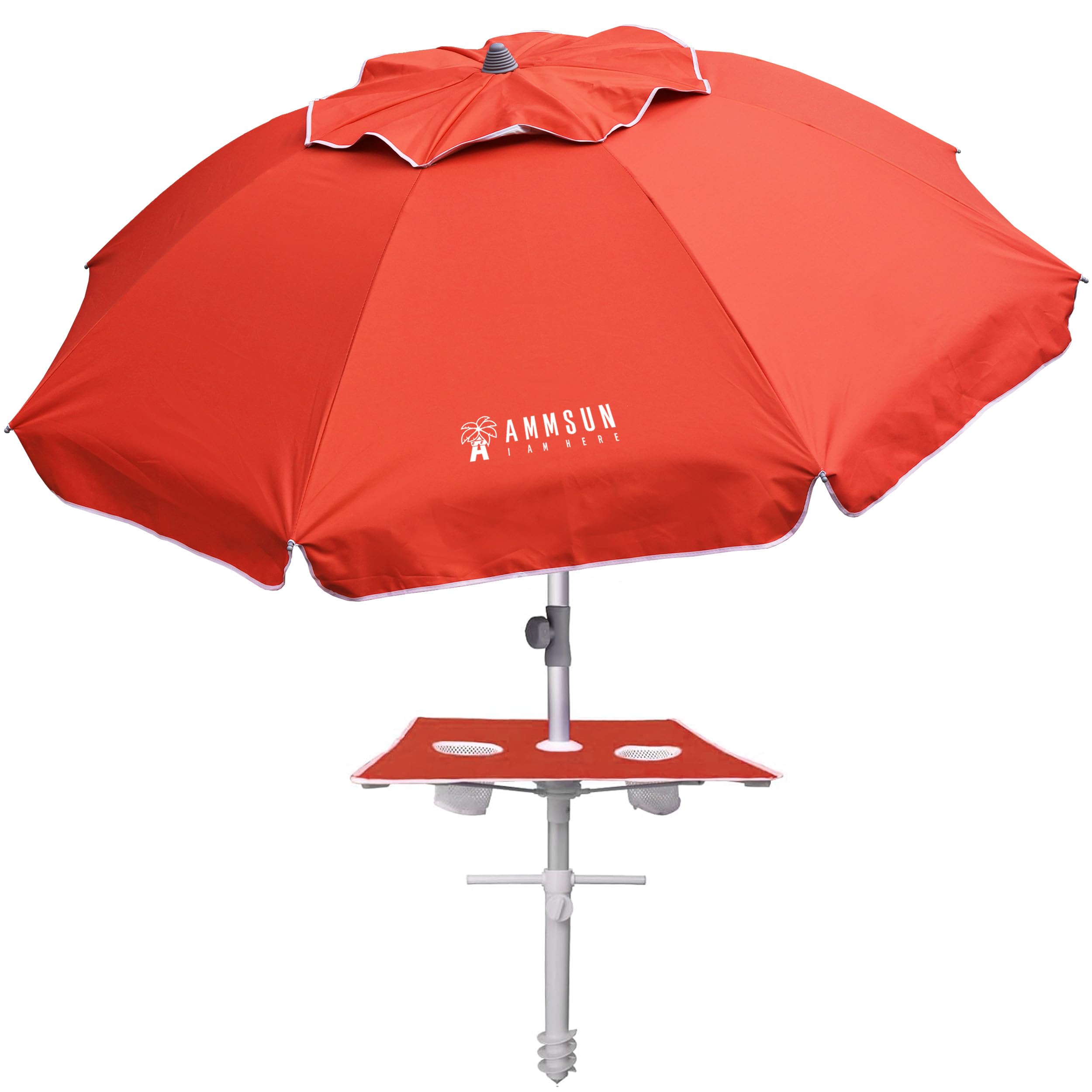 AMMSUN 7ft Heavy Duty High Wind Beach Umbrella with sand anchor, Built-in Table Tray Vent Tilt Pole, UPF 50+ Windproof Portable Outdoor Umbrellas Carry Bag for Patio Garden Pool Backyard stripe