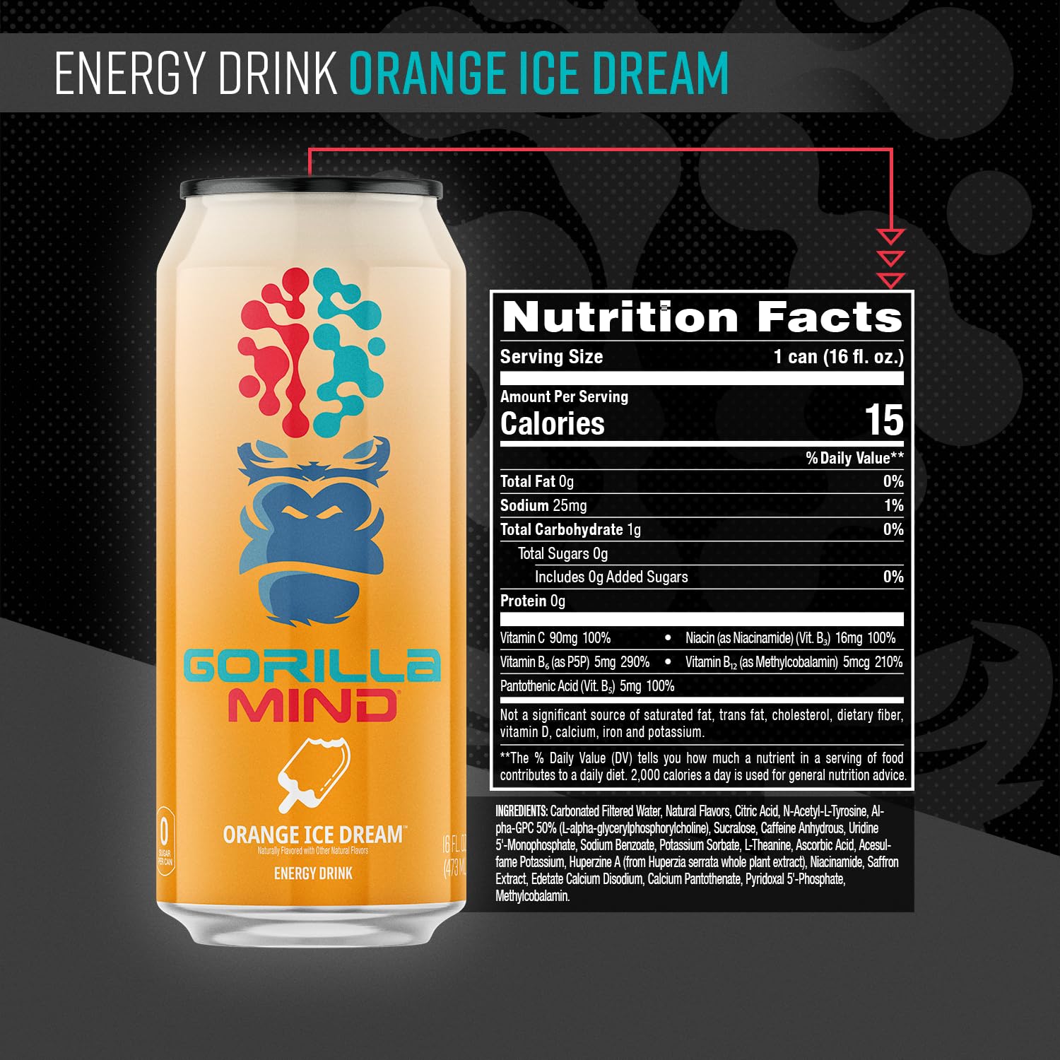 Gorilla Mind Energy Drink | Unmatched Energy · Amplified Focus | N-Acetyl-L-Tyrosine, Alpha-GPC, 200mg Caffeine, Uridine, Saffron | 0 Sugar Or Artificial Colors | 16oz, 12-Pack (Orange Ice Dream)