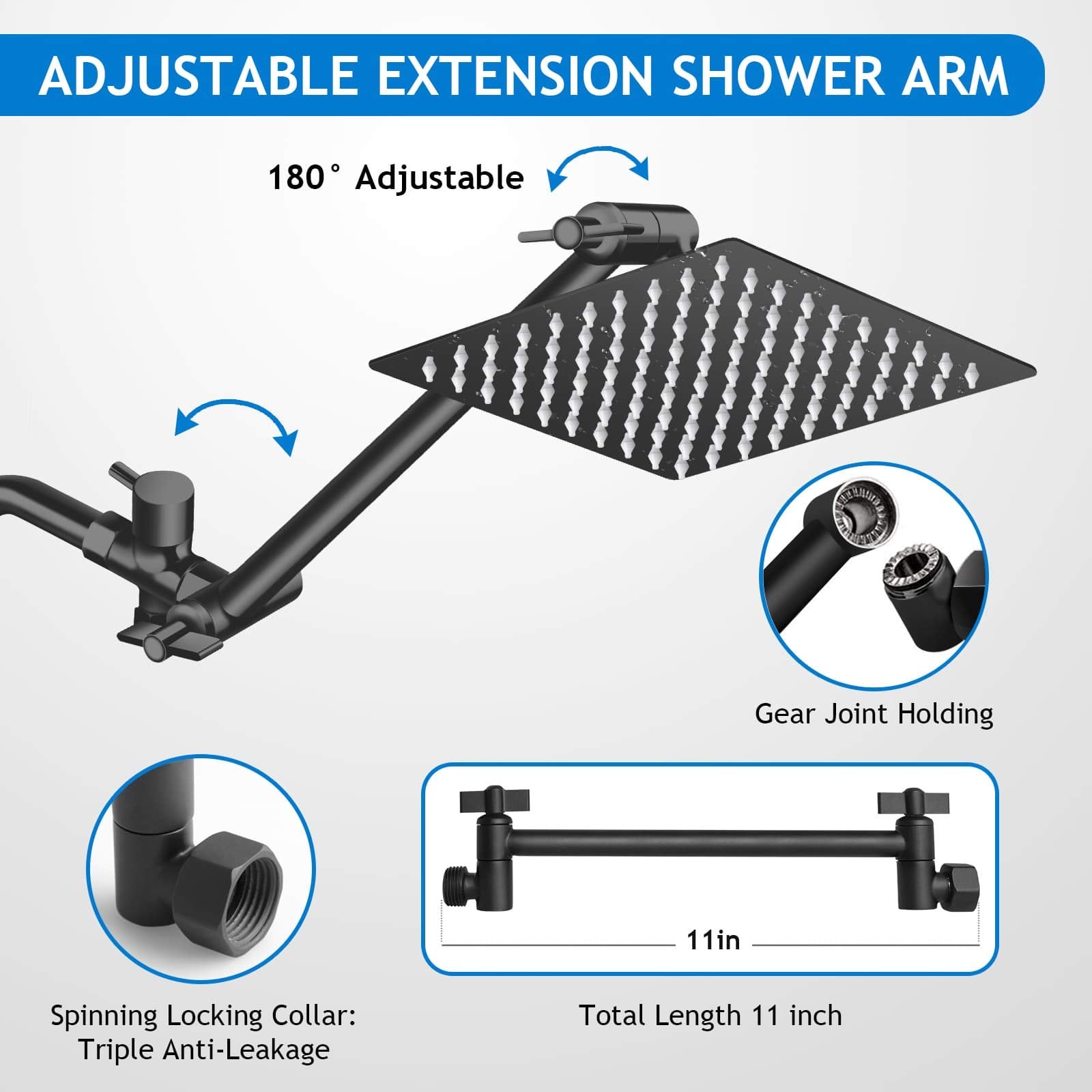 Shower Head Combo(Brushed Nickel),8 Inch High Pressure Rain Shower Head with 11 Inch Adjustable Extension Arm and 5 Settings Handheld Shower Head Combo,Powerful Shower Spray Against Low Pressure Water