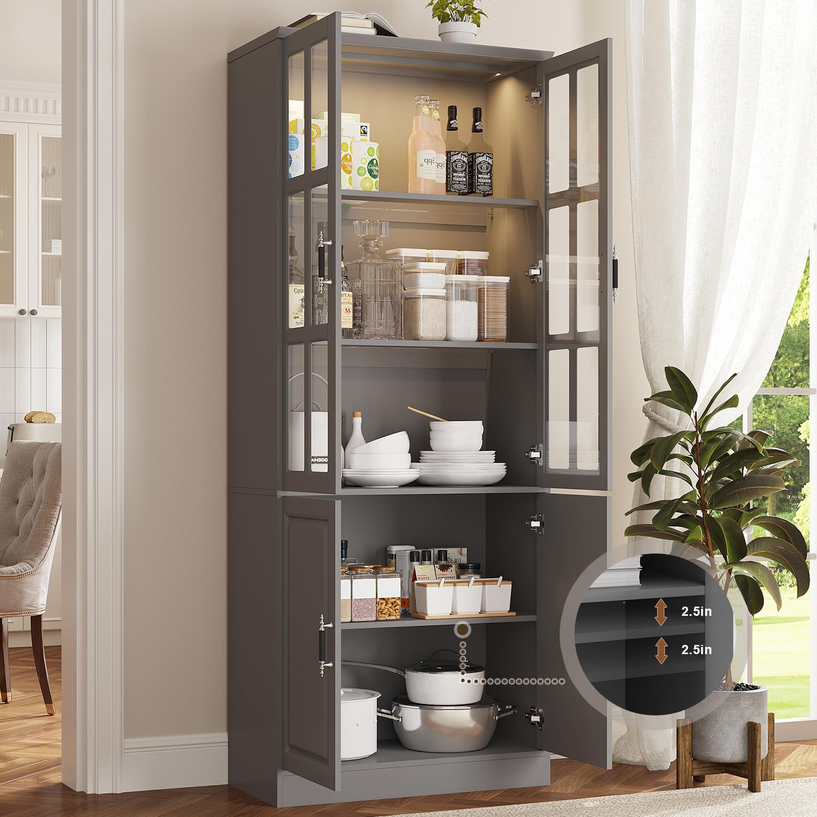MEISSALIVVE Kitchen Pantry Storage Cabinet with LED Lights, 78.7" Tall with Glass Doors & Drawers, Freestanding Utility Cabinet, Black (31.5" W x 15.7" D)