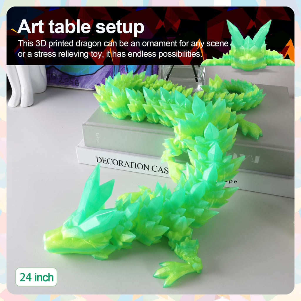 24" Large 3D Printed Dragon - Huge Articulated Crystal Dragon Fidget Toy, Giant Flexible 3D Dragon Figure, Birthday Gift for Boys Girls Kids & Collectors, Home Office Executive Desk Decor