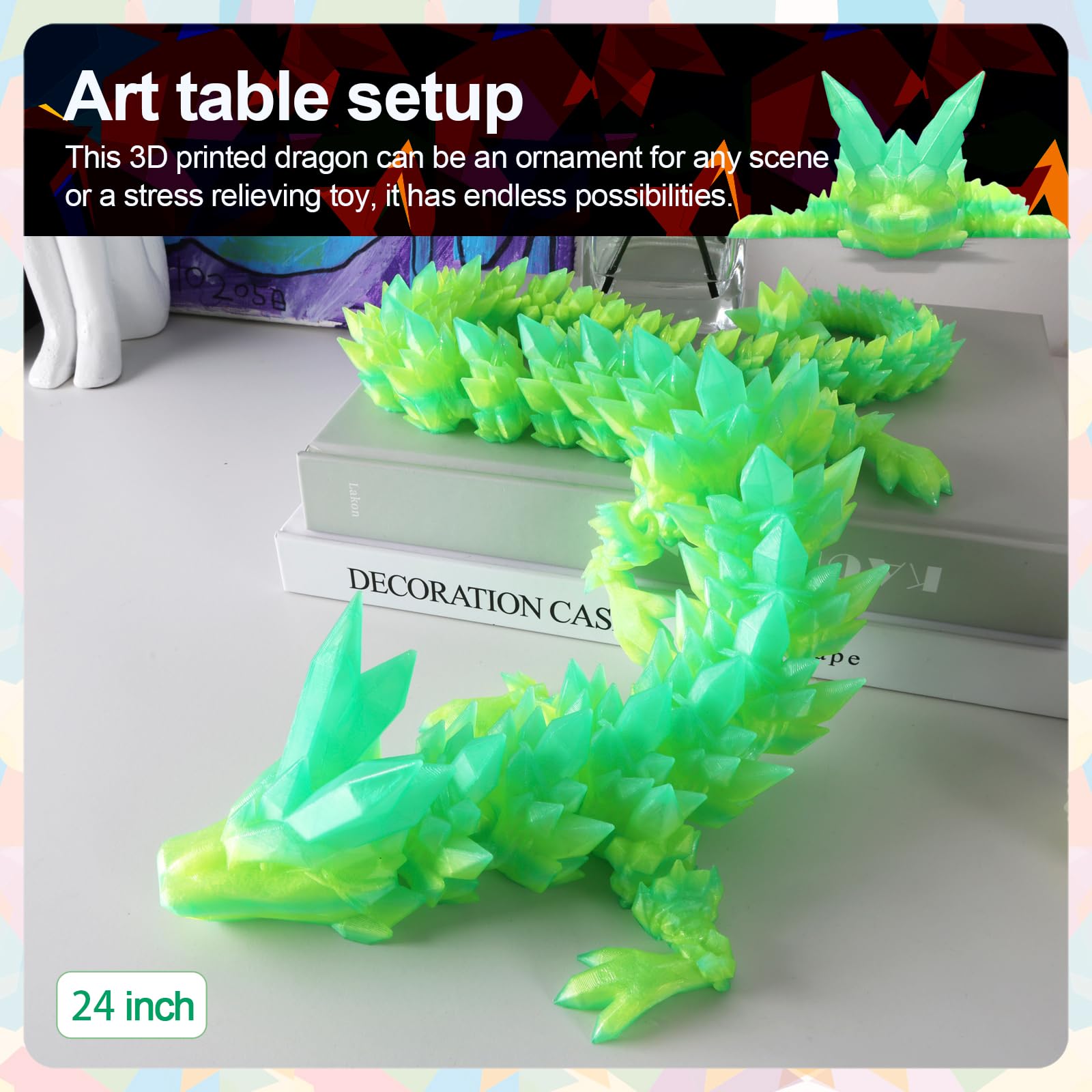 24" Large 3D Printed Dragon - Huge Articulated Crystal Dragon Fidget Toy, Giant Flexible 3D Dragon Figure, Birthday Gift for Boys Girls Kids & Collectors, Home Office Executive Desk Decor