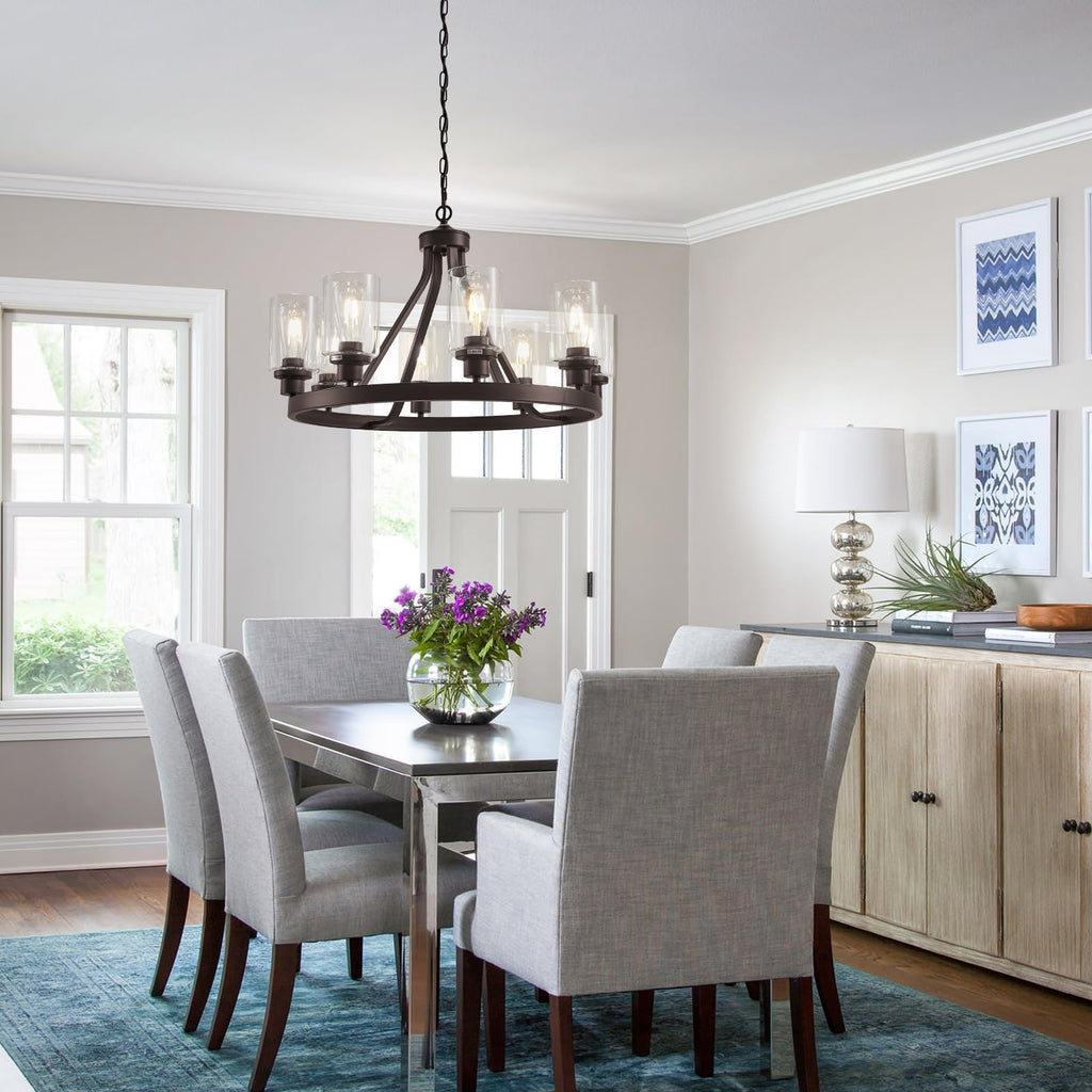 Lanhall 6-Light Modern Dining Room Light Fixture Brushed Nickel Kitchen Chandelier Ceiling Hanging Pendant Lighting with Glass Shade for Living Room Bedroom Entryway Adjustable Height Metal E26