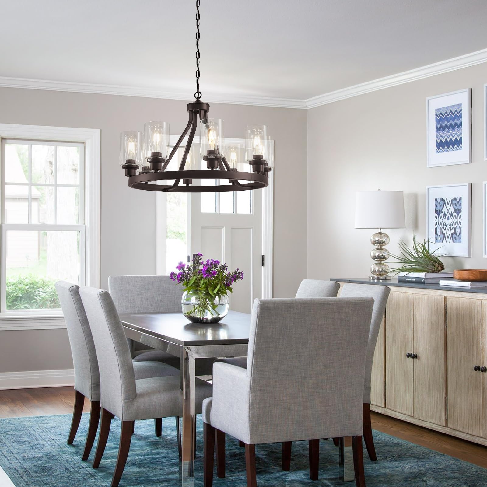Lanhall 6-Light Modern Dining Room Light Fixture Brushed Nickel Kitchen Chandelier Ceiling Hanging Pendant Lighting with Glass Shade for Living Room Bedroom Entryway Adjustable Height Metal E26