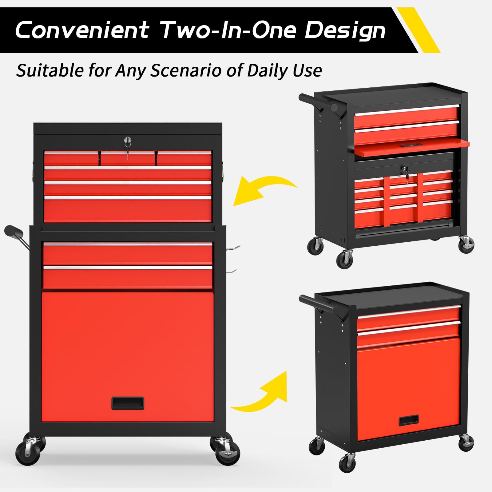 On Shine 8 Drawer Rolling Tool Chest, Large Capacity Rolling Tool Box with Wheels, Locking Mechanical Tool Chest, Portable Tool Box with Sliding Drawers for Garage Workshop and Tool Room (Black)