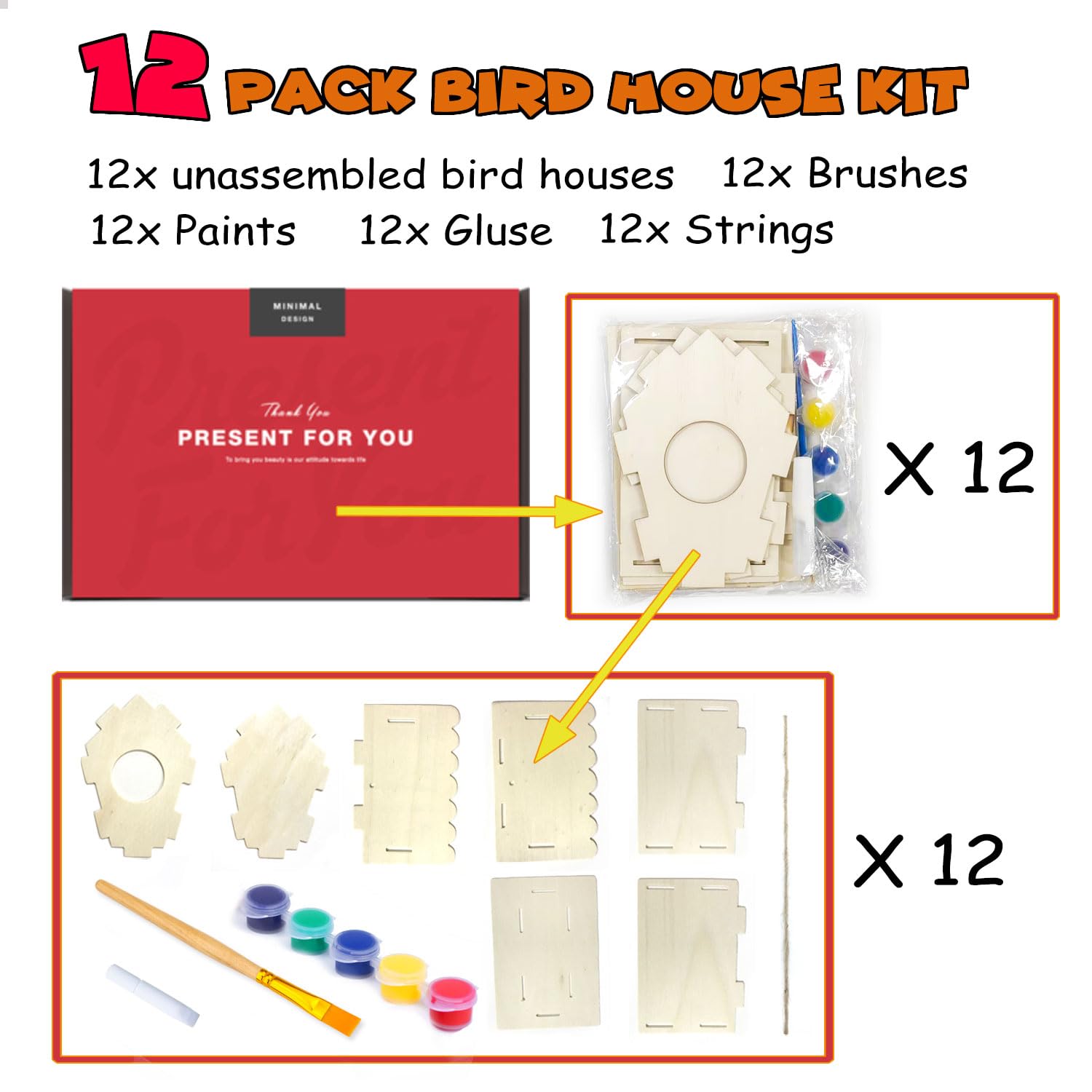 hapray 12 Pack Bird House Kit, DIY Birdhouse Kits, Wooden Crafts Arts for Children to Build and Paint (Includes Paints & Brushes) for Kids Girls Boys Toddlers Halloween Christmas Gift